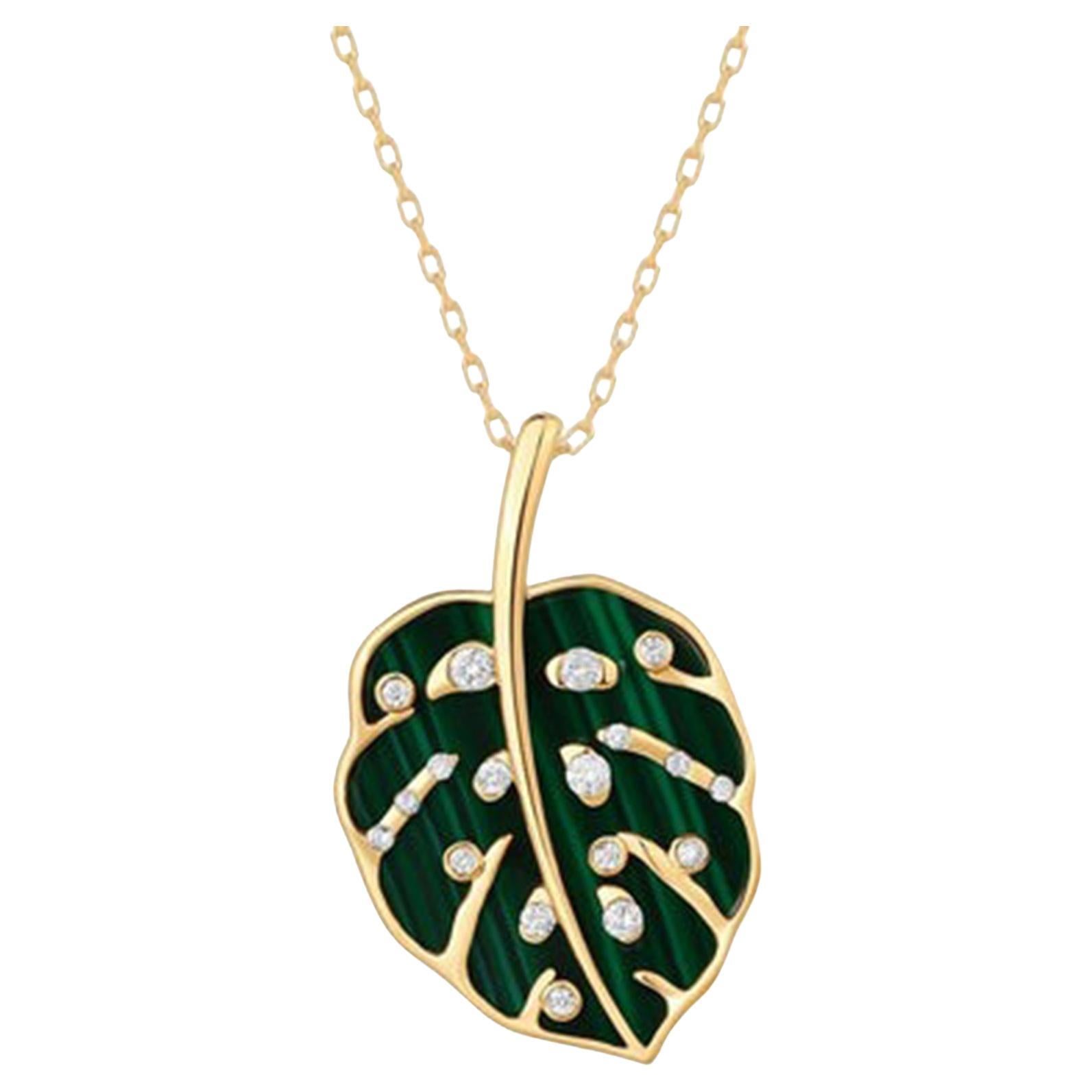 Diamond Malachite 14K (or 18k upon request) Yellow Gold Pendant Necklace en venta