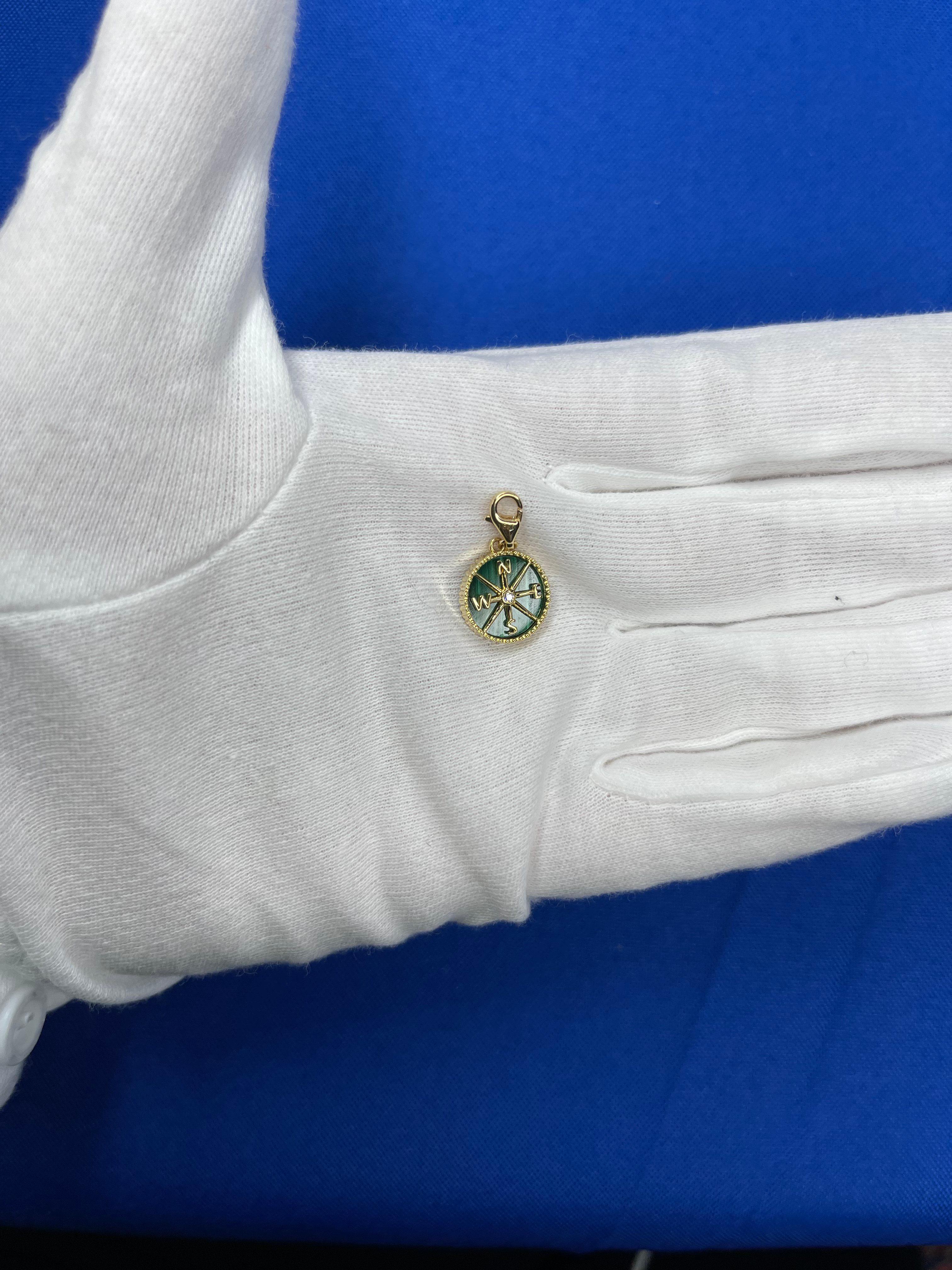 Round Cut Diamond Green Malachite Compass Bezel Medallion 18K Yellow Gold Charm Pendant