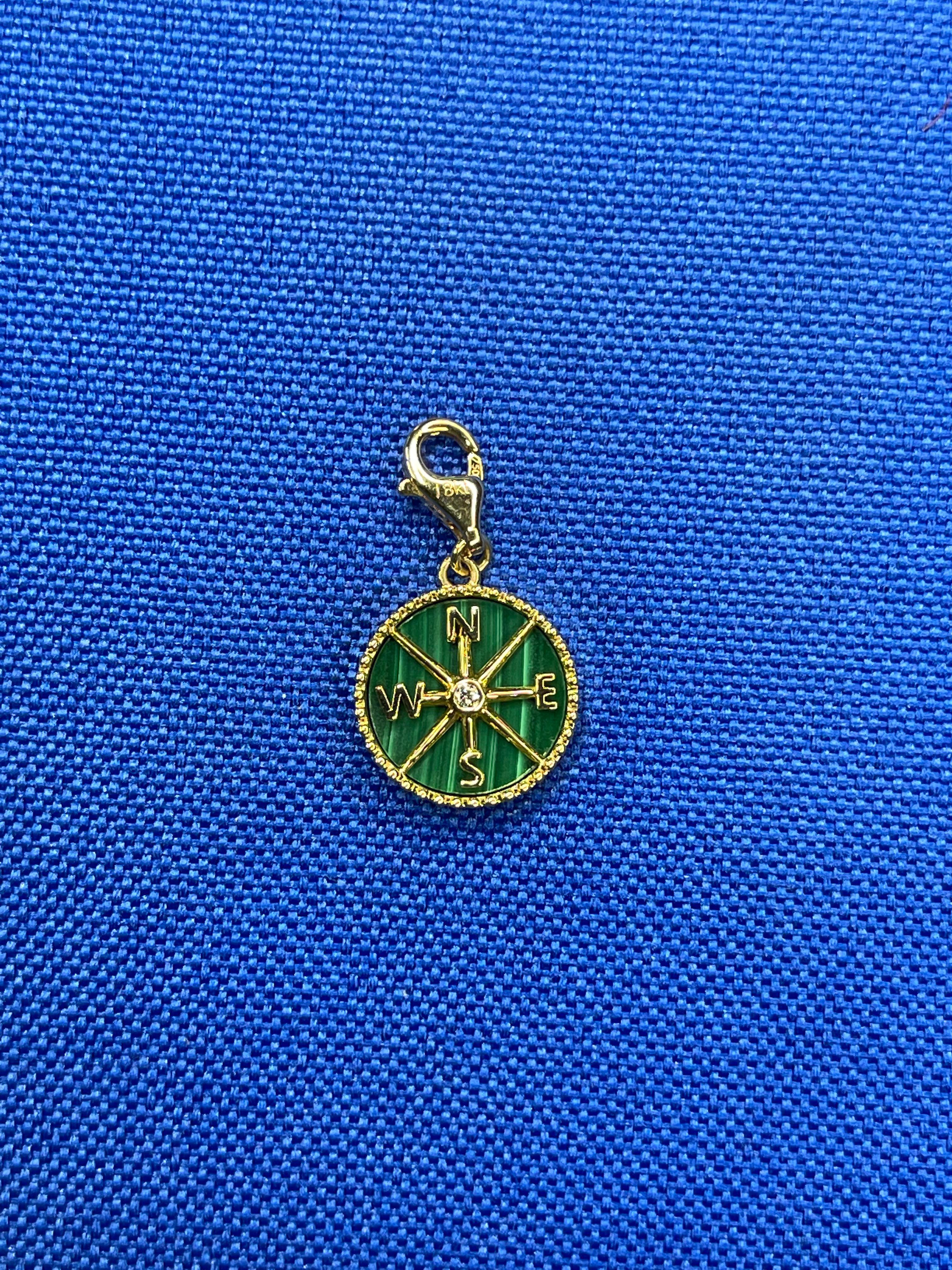 Diamond Green Malachite Compass Bezel Medallion 18K Yellow Gold Charm Pendant In New Condition In Oakton, VA