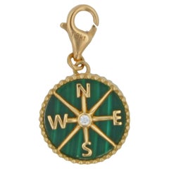 Diamond Green Malachite Compass Bezel Medallion 18K Yellow Gold Charm Pendant