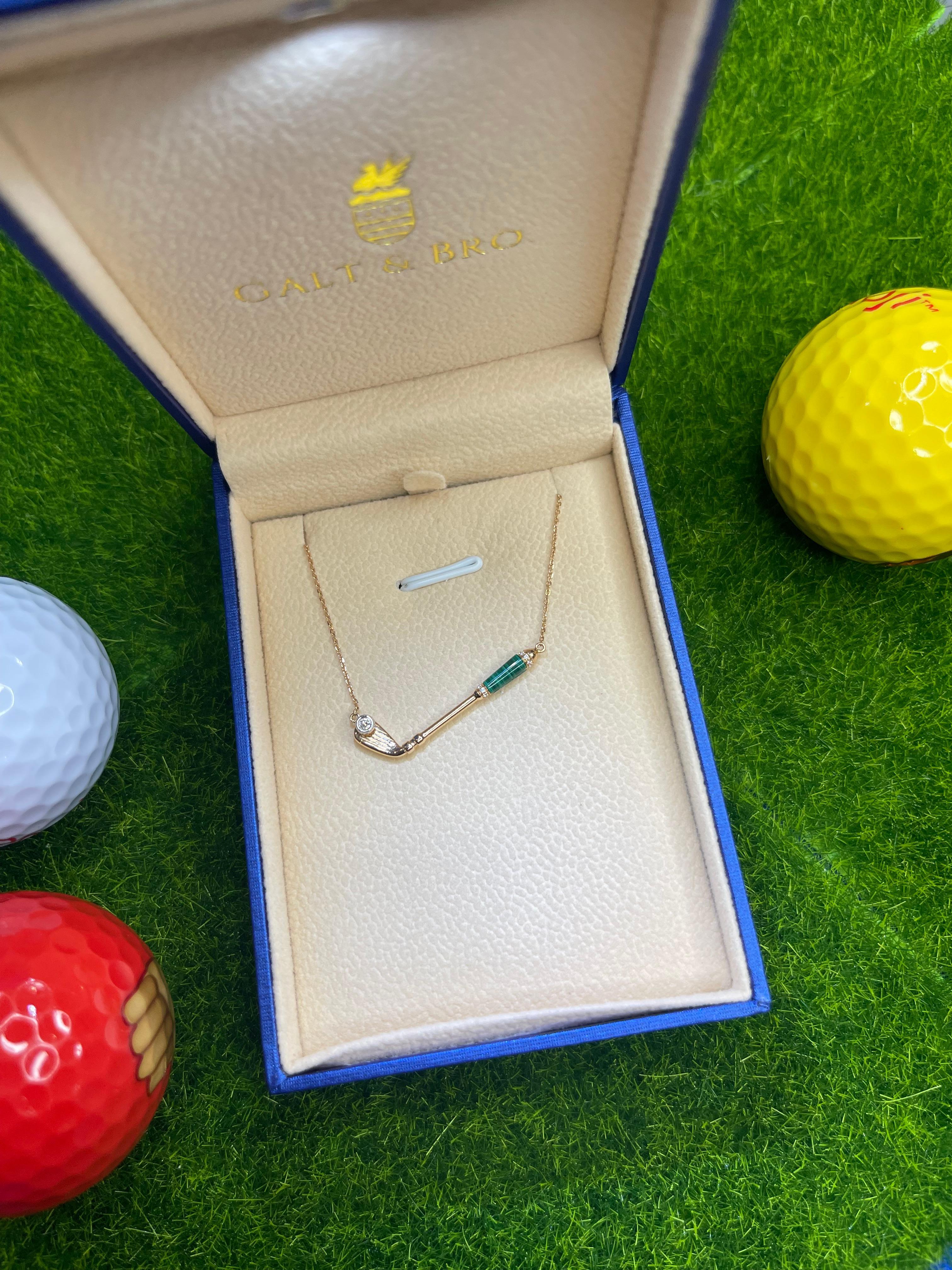 Antique Cushion Cut Diamond Malachite Golf Club Birdie Charm 18 Karat Yellow Gold Necklace Pendant For Sale