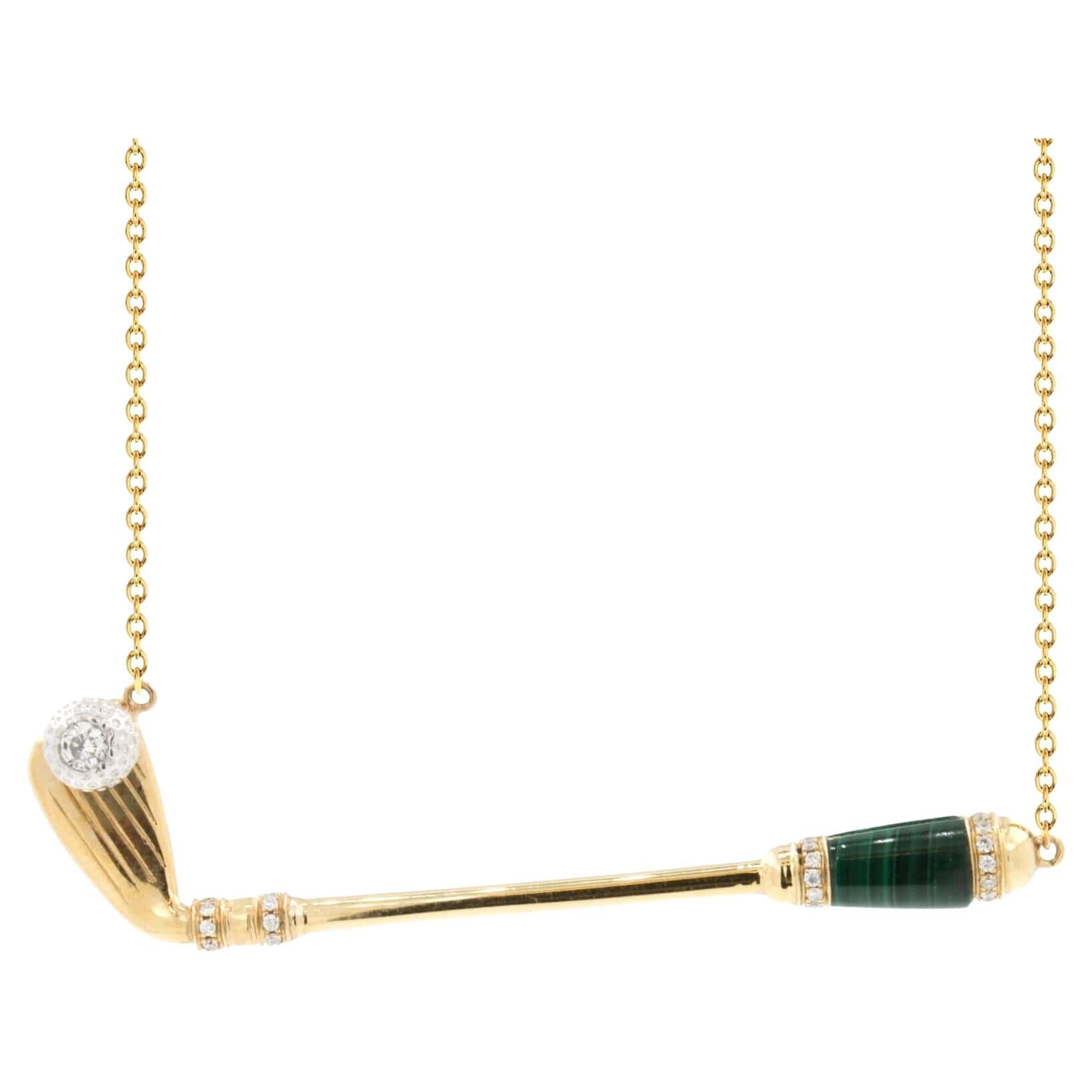 18K Yellow Gold
Green Malachite Gemstone Handle
White Diamond Golf Ball Gemstone
0.25 cts Diamonds
16-18 inches Diamond-Cut Link Cable chain length
In-Stock
This is part of Galt & Bro. Jewelry's exclusive, custom made-to-order Golf Club Birdies