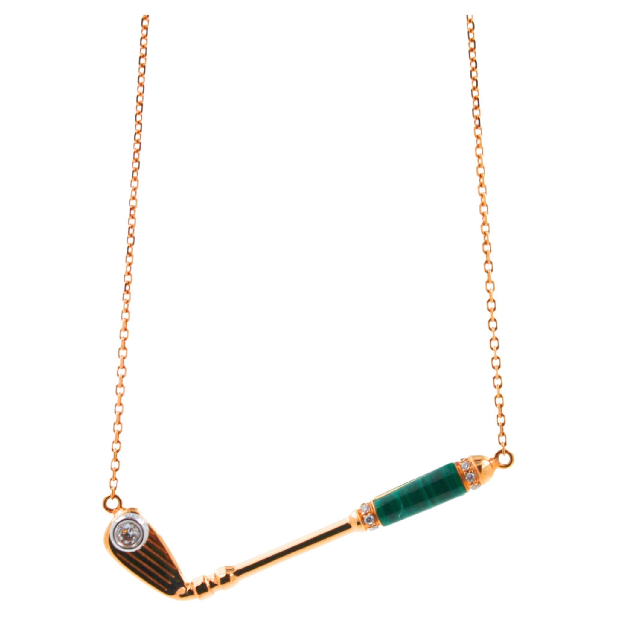 18K Yellow Gold
Green Malachite Gemstone Handle
White Diamond Golf Ball Gemstone
0.15 cts Diamonds
16-18 inches Diamond-Cut Link Cable chain length
In-Stock
This is part of Galt & Bro. Jewelry's exclusive, custom made-to-order Golf Club Birdies