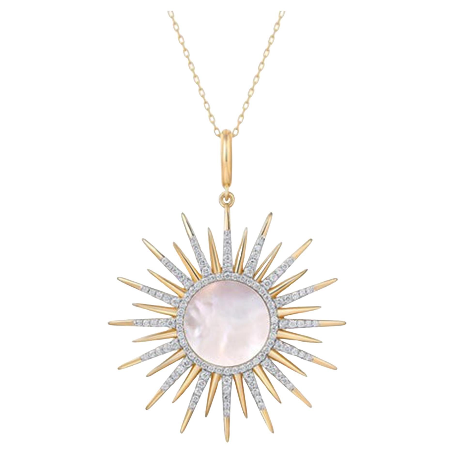 Diamond Malachite Pearl 14K (or 18k upon request) Yellow Gold Pendant Necklace en venta