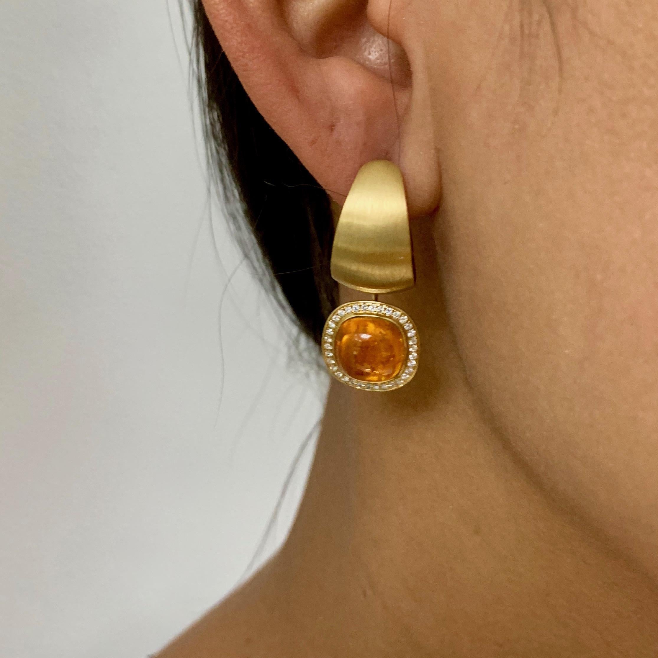 Cabochon Diamond Mandarin Garnet 18 Karat Yellow Gold Kaleidoscope Enamel Earrings For Sale