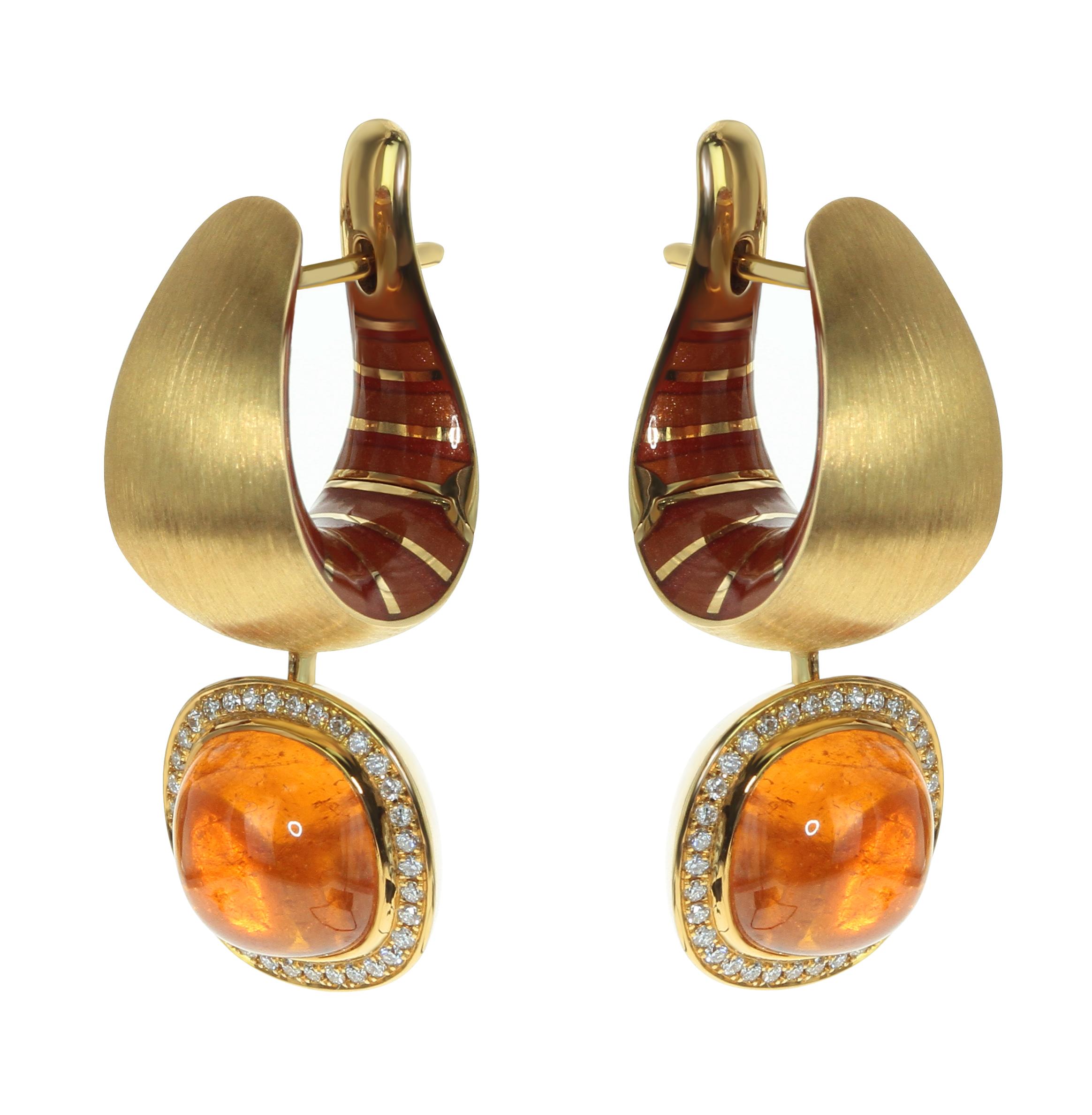 Diamant-Mandarin-Granat-Ohrringe aus 18 Karat Gelbgold mit Kaleidoskop-Emaille