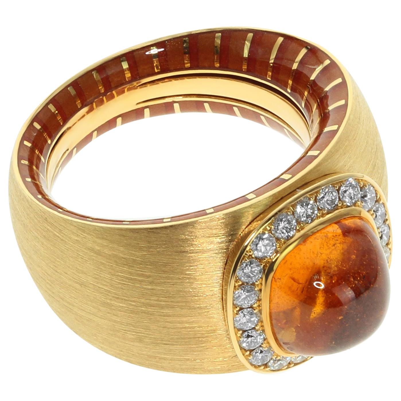 Diamond Mandarin Garnet 18 Karat Yellow Gold Kaleidoscope Enamel Ring