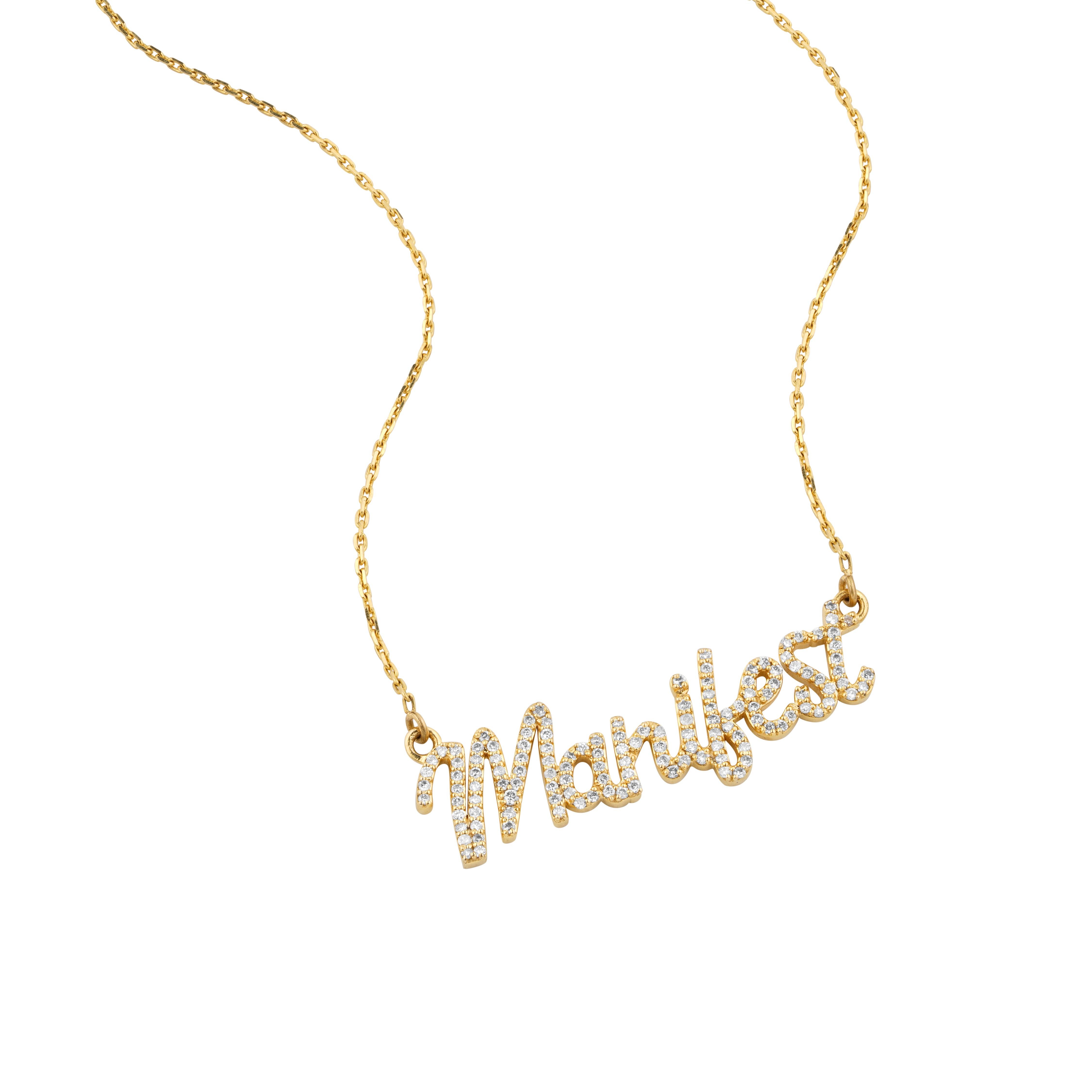 The Diamond Manifest Pendant Necklace is made of 18k Solid Gold with the word 