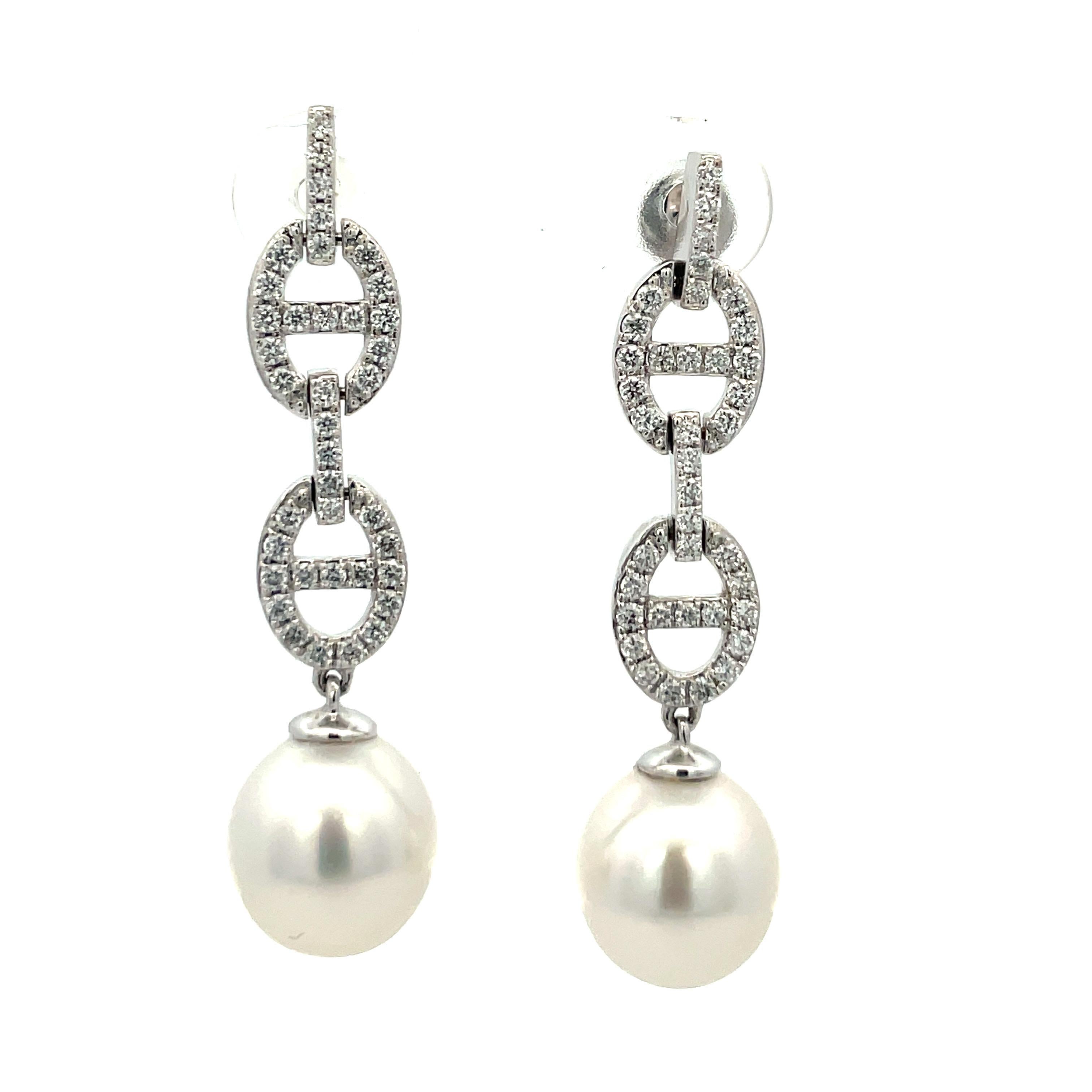 Contemporary Diamond Mariner Link South Sea Pearl Drop Earrings 0.57 Carats 9-10 MM 14KT For Sale