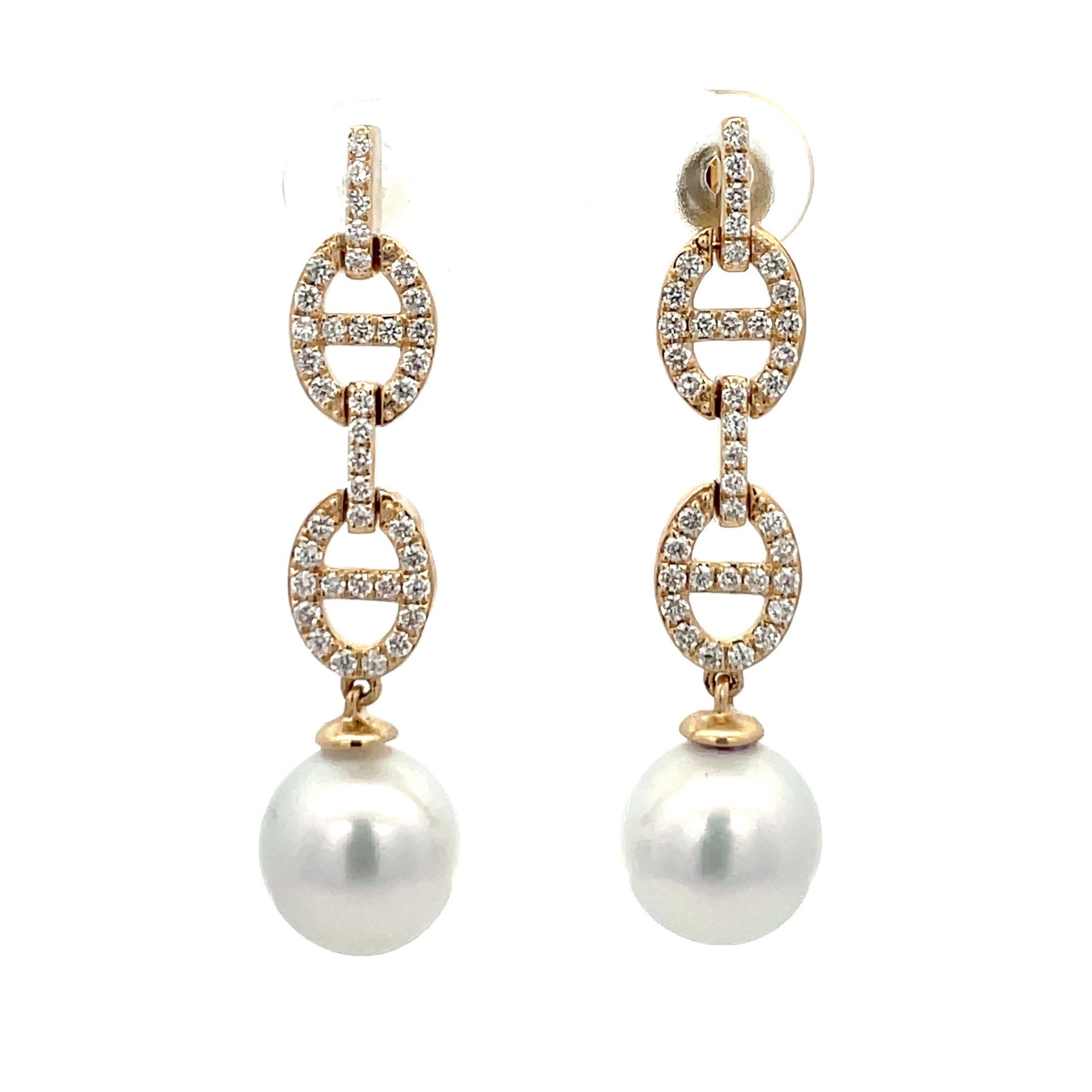 Diamond Mariner Link South Sea Pearl Drop Earrings 0.57 Carats 9-10 MM 14KT In New Condition For Sale In New York, NY
