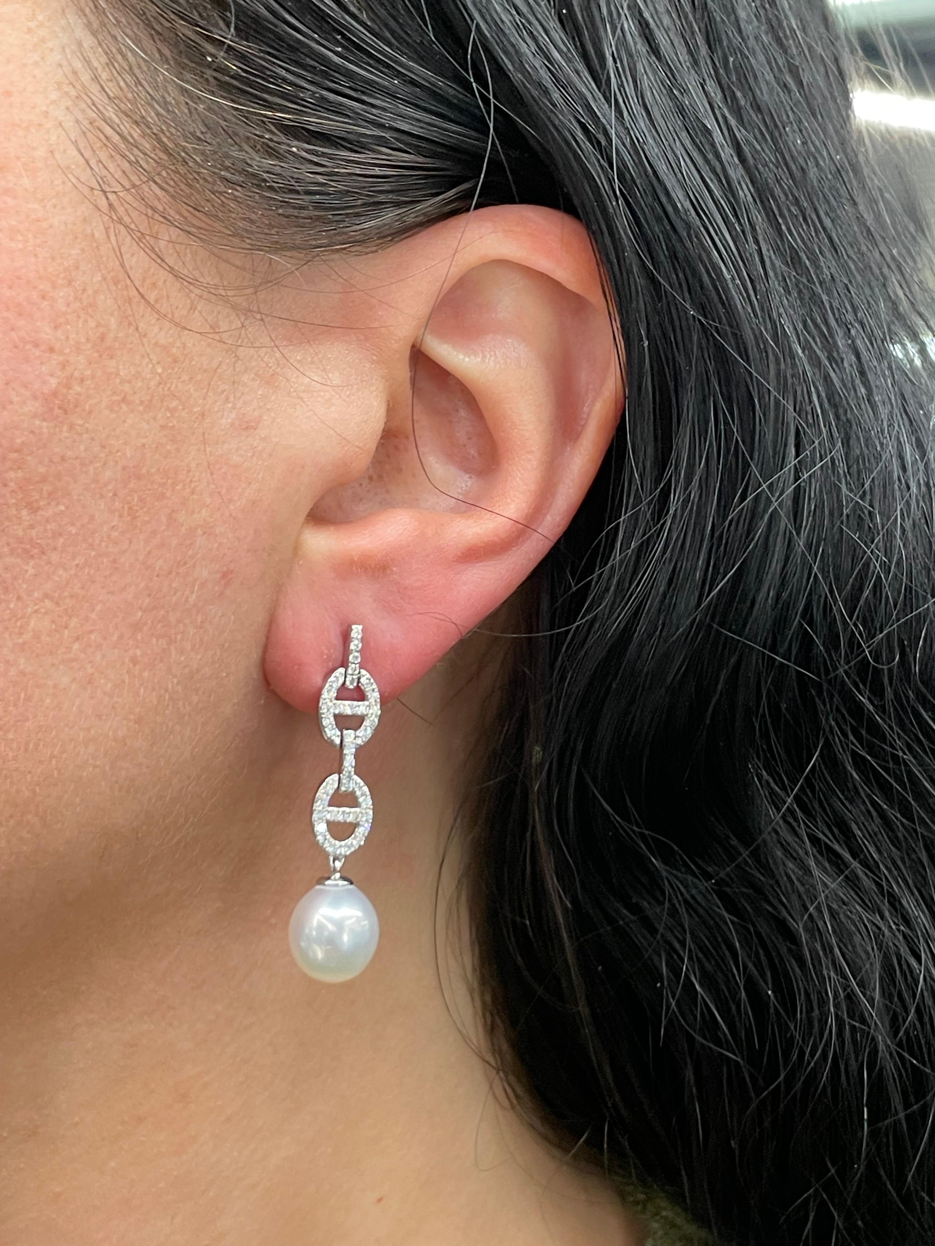 Women's Diamond Mariner Link South Sea Pearl Drop Earrings 0.57 Carats 9-10 MM 14KT For Sale