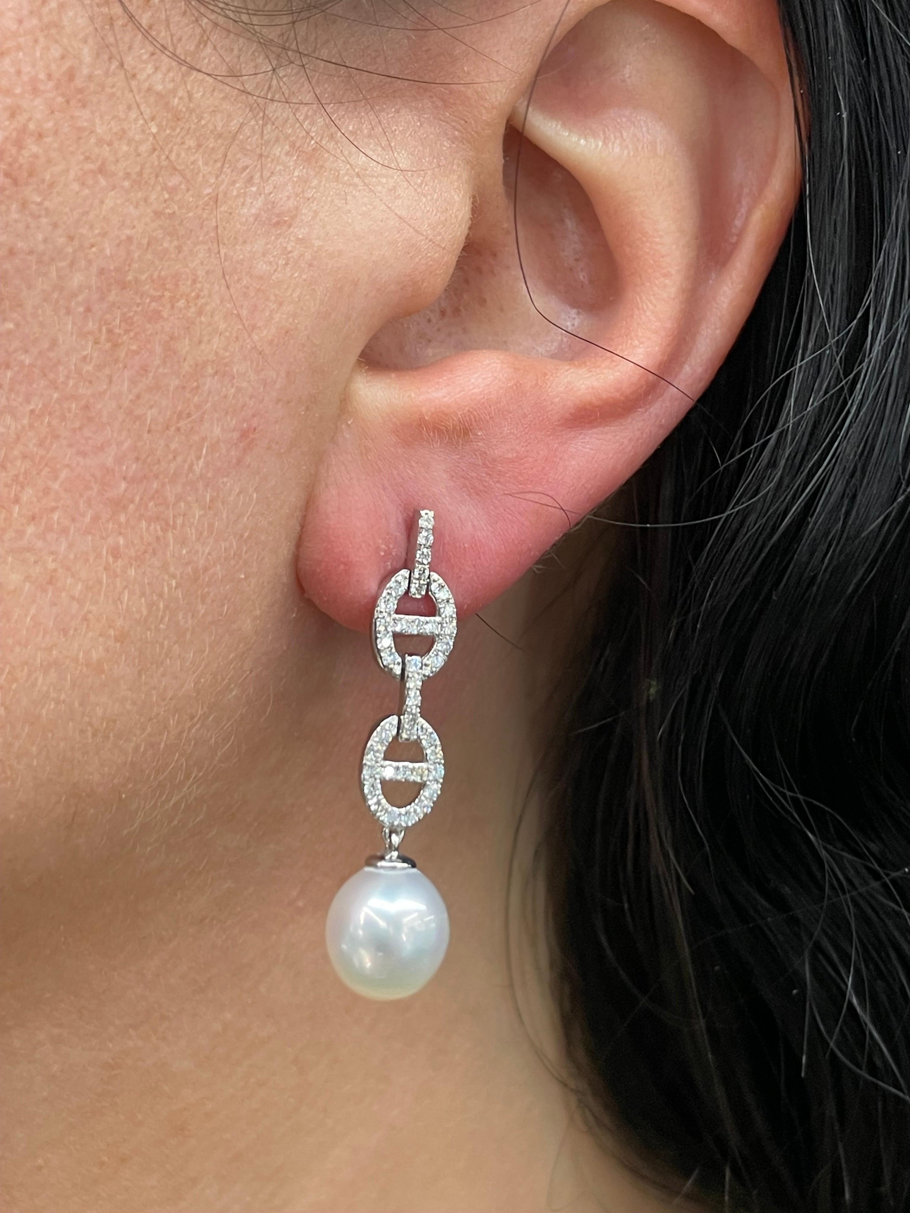 Diamond Mariner Link South Sea Pearl Drop Earrings 0.57 Carats 9-10 MM 14KT For Sale 1