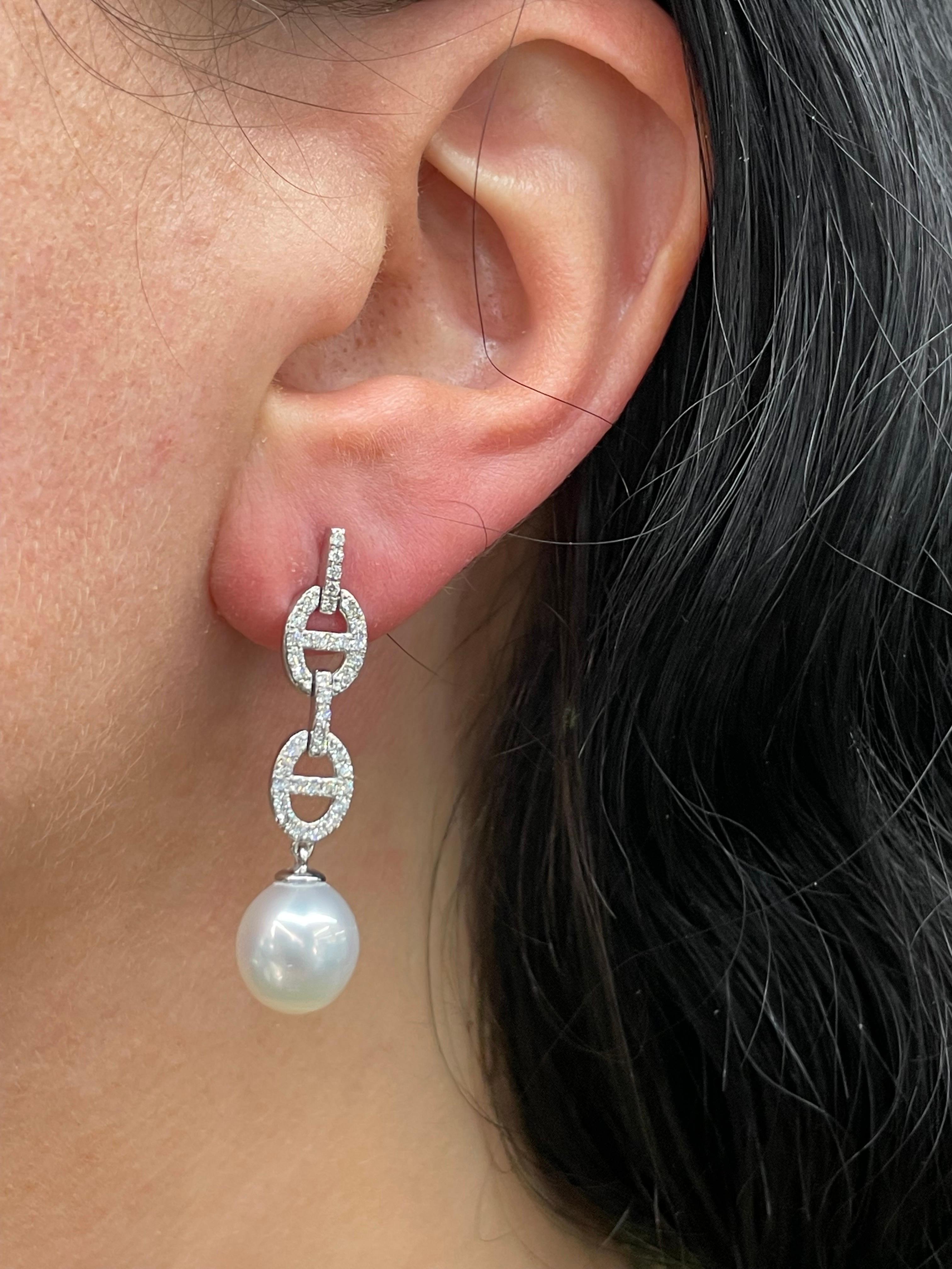 Diamond Mariner Link South Sea Pearl Drop Earrings 0.57 Carats 9-10 MM 14KT For Sale 3