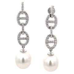 Diamond Mariner Link South Sea Pearl Drop Earrings 0.57 Carats 9-10 MM 14KT