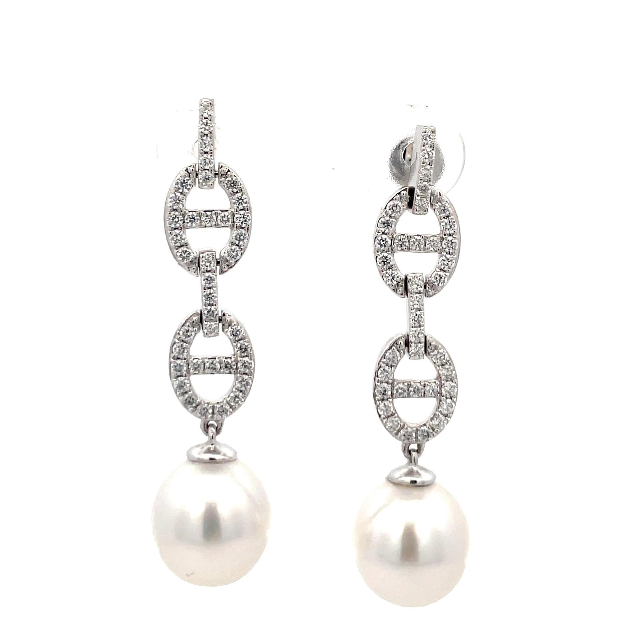 Round Cut Diamond Mariner Link South Sea Pearl Drop Earrings 0.57 Carats 9-10 MM 3.8 Grams For Sale