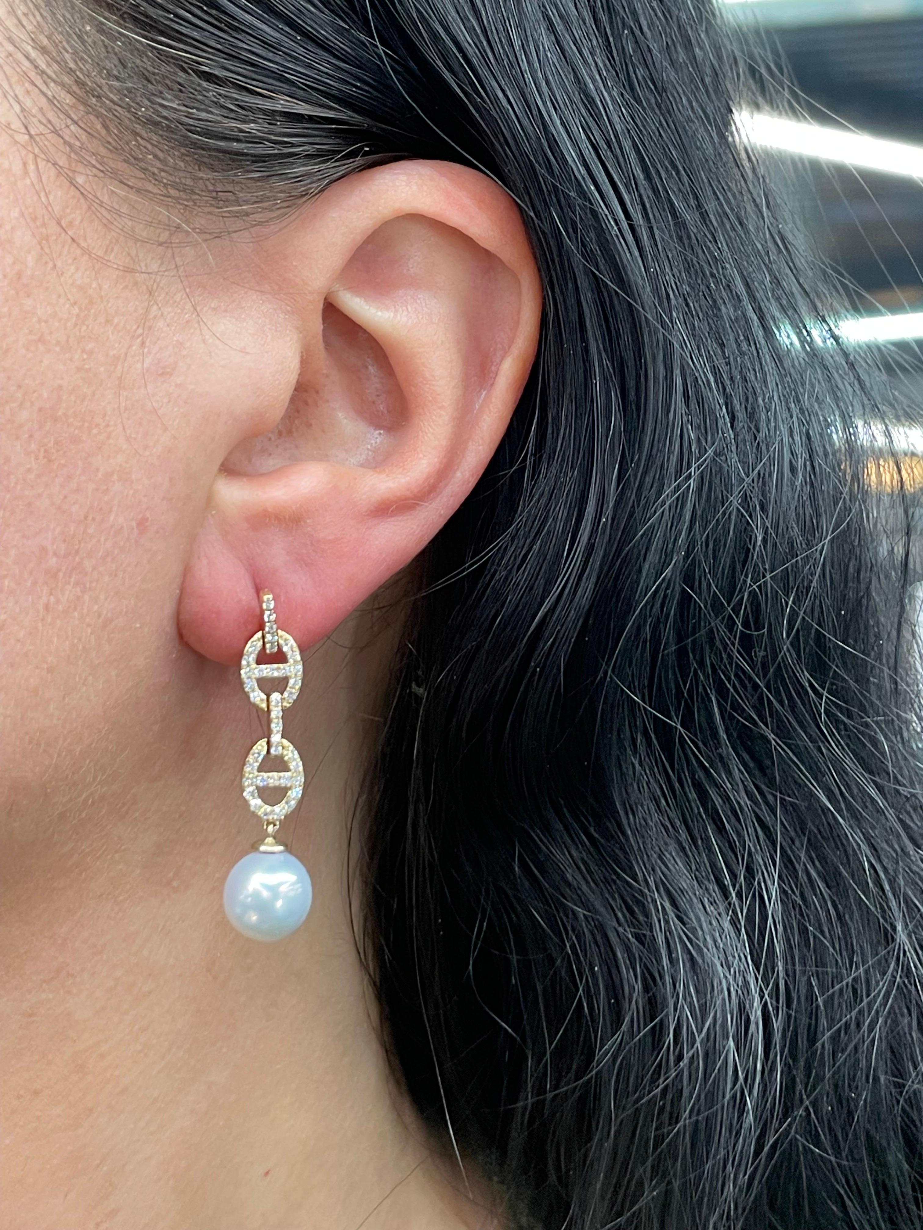 Diamond Mariner Link South Sea Pearl Drop Earrings 0.57 Carats 9-10 MM 3.8 Grams In New Condition For Sale In New York, NY