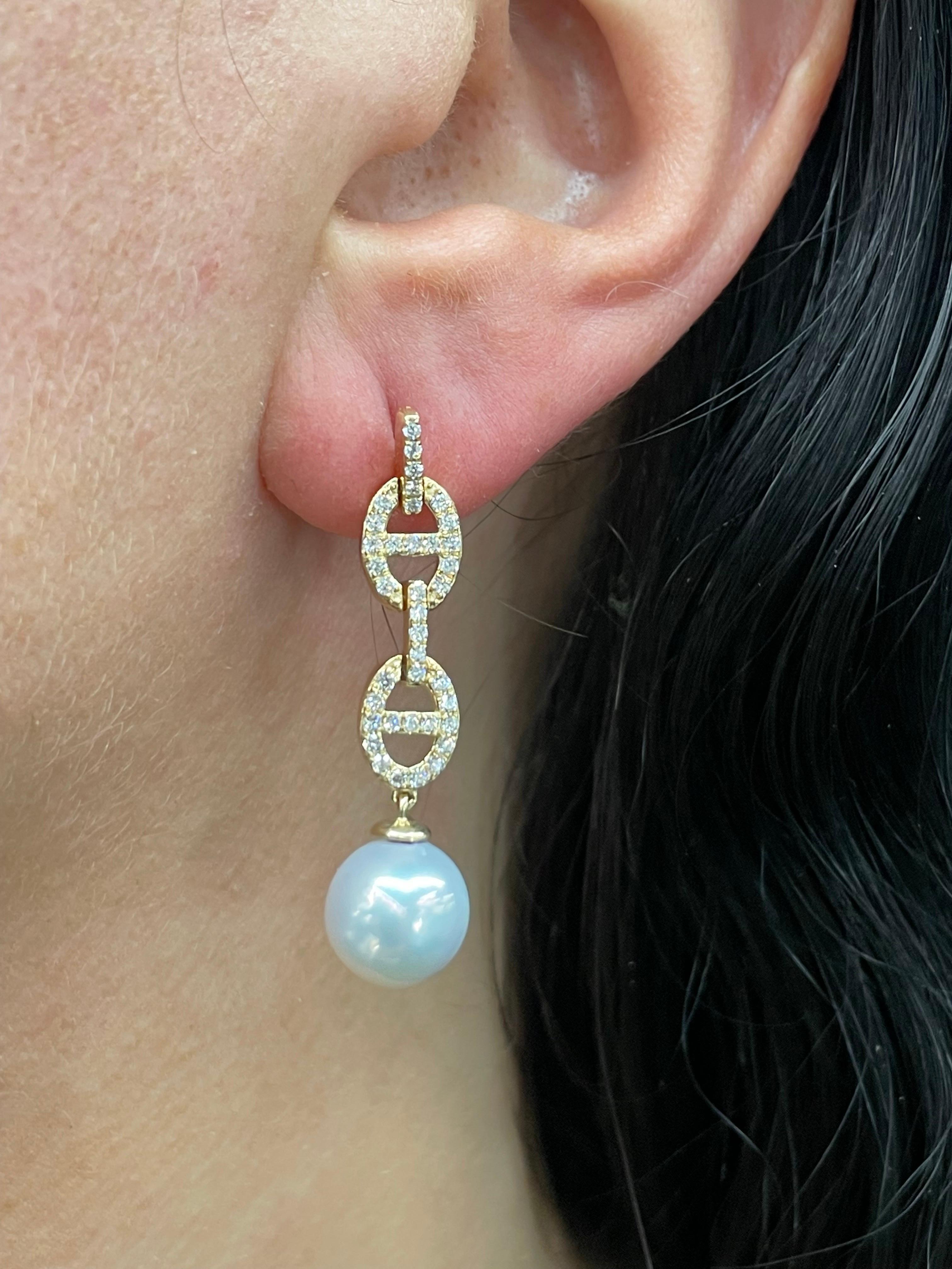 Women's Diamond Mariner Link South Sea Pearl Drop Earrings 0.57 Carats 9-10 MM 3.8 Grams For Sale