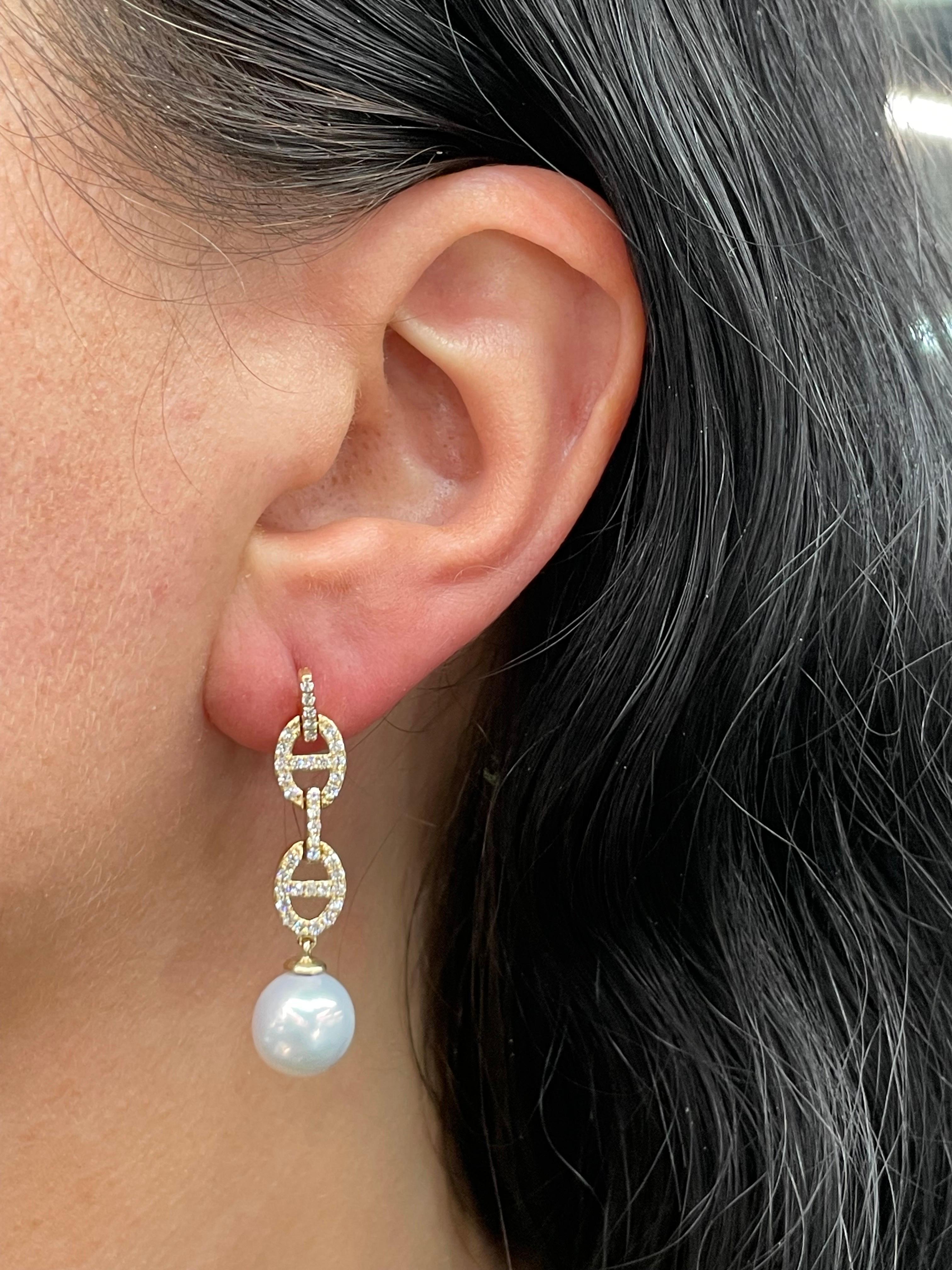 Diamond Mariner Link South Sea Pearl Drop Earrings 0.57 Carats 9-10 MM 3.8 Grams For Sale 1