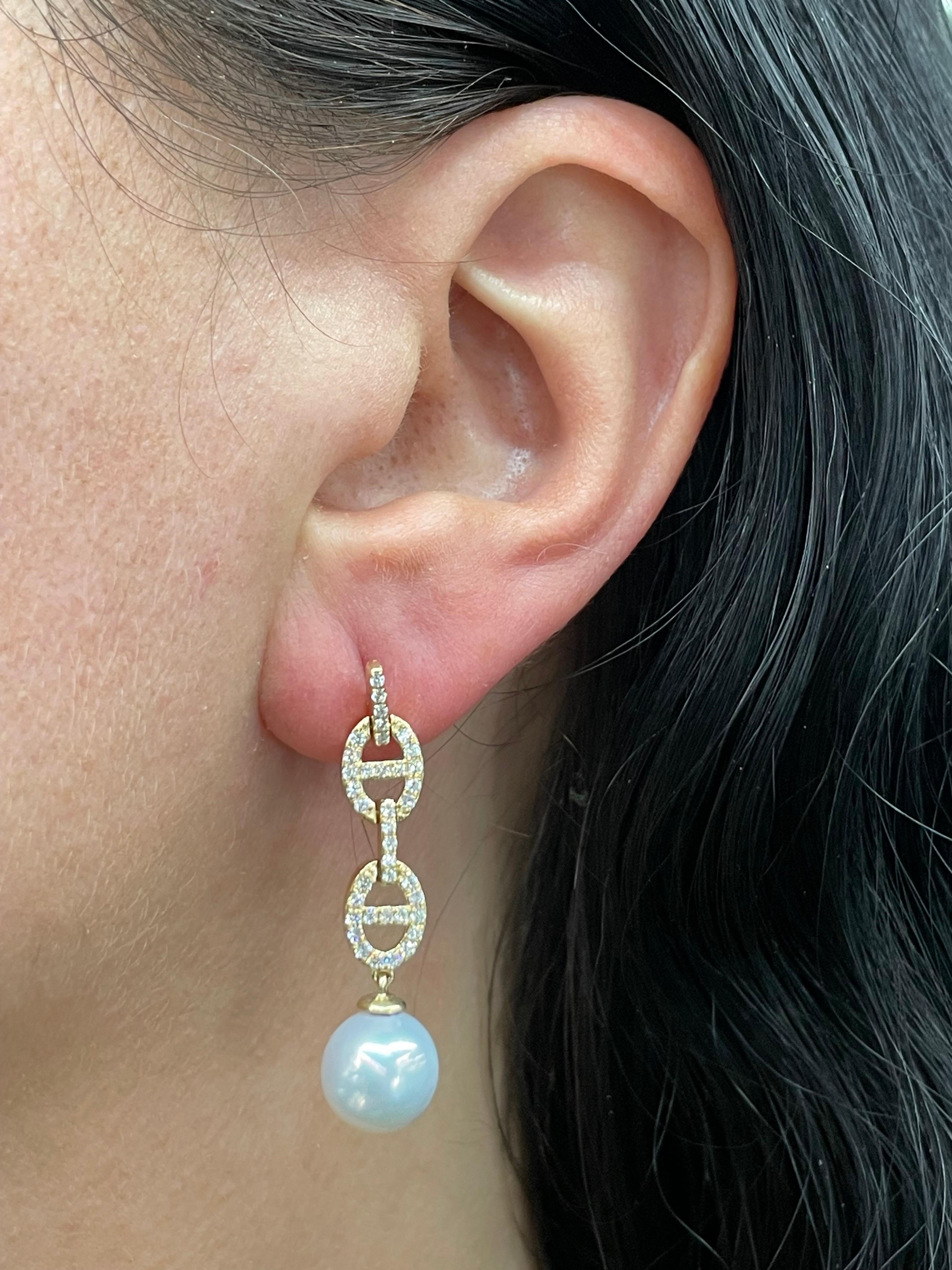 Diamond Mariner Link South Sea Pearl Drop Earrings 0.57 Carats 9-10 MM 3.8 Grams For Sale 2