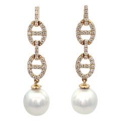 Diamond Mariner Link South Sea Pearl Drop Earrings 0.57 Carats 9-10 MM 3.8 Grams