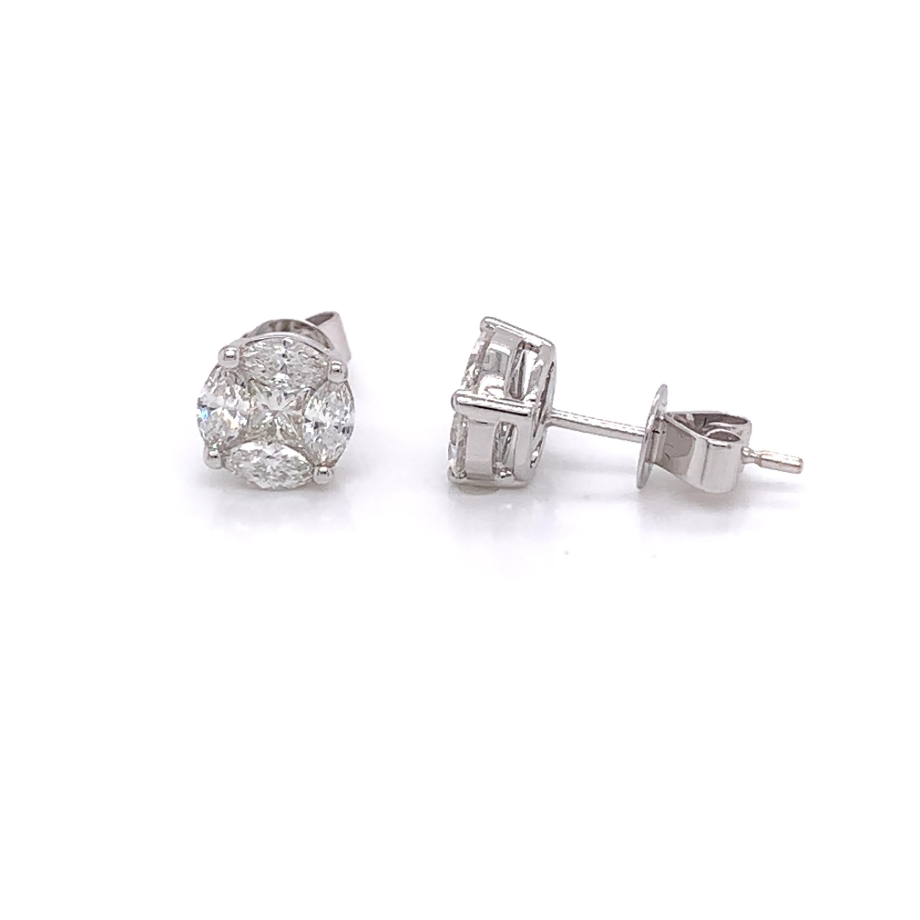 Diamond Studs made with real/natural marquis/princess cut diamonds. Total Diamond Weight: 0.72 carats. Diamond Quantity: 10 diamonds (8 marquis cut diamonds + 2 princess cut diamonds). Color: G-H. Clarity. VS-SI. Mounted on 18kt white gold pushback