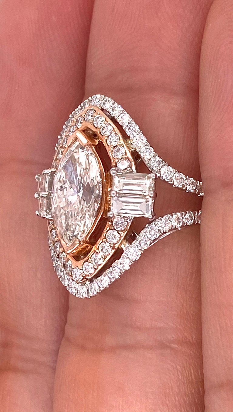 Diamond Marquise and Baguettes Split Shank Engagement Ring For Sale at