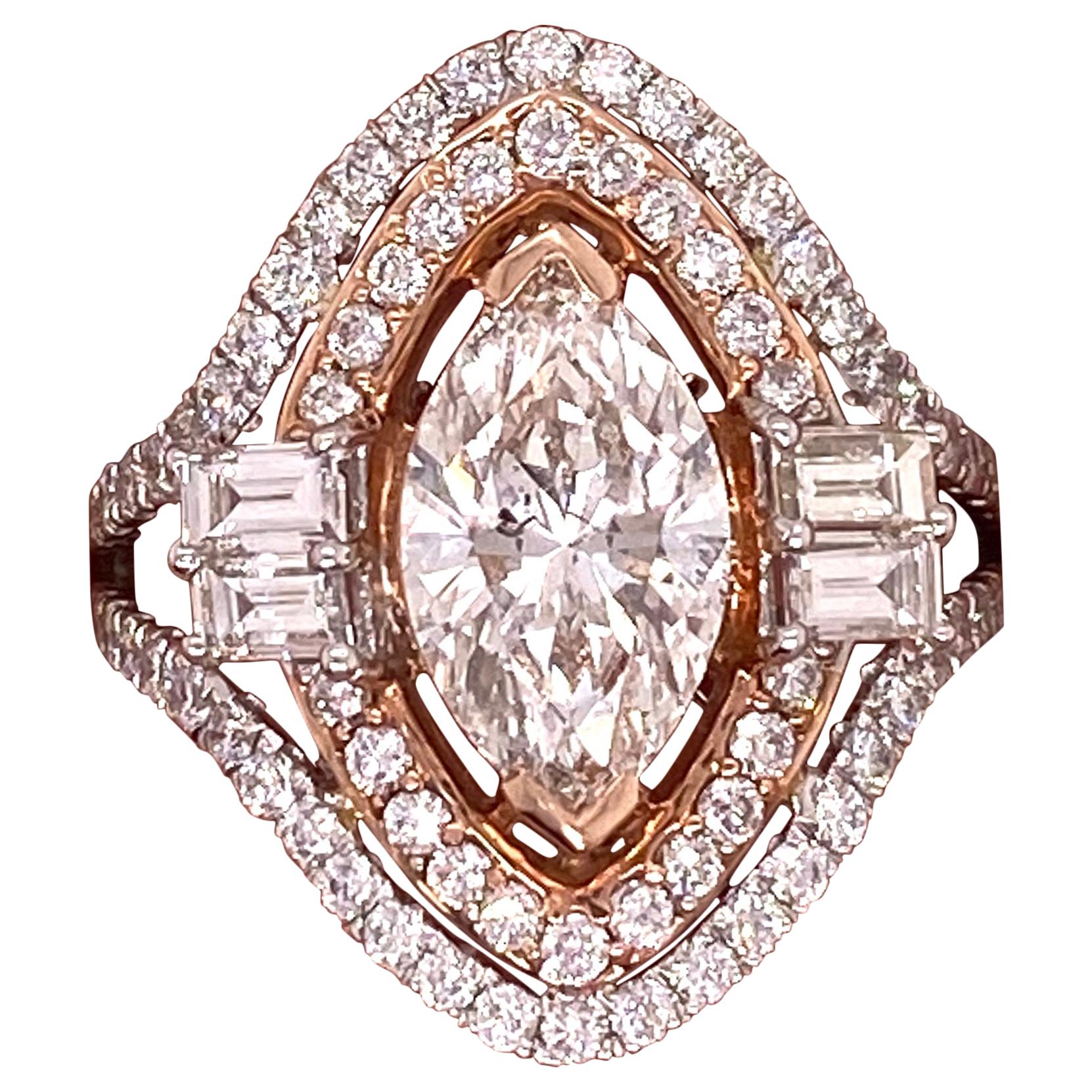 Diamond Marquise and Baguettes Split Shank Engagement Ring