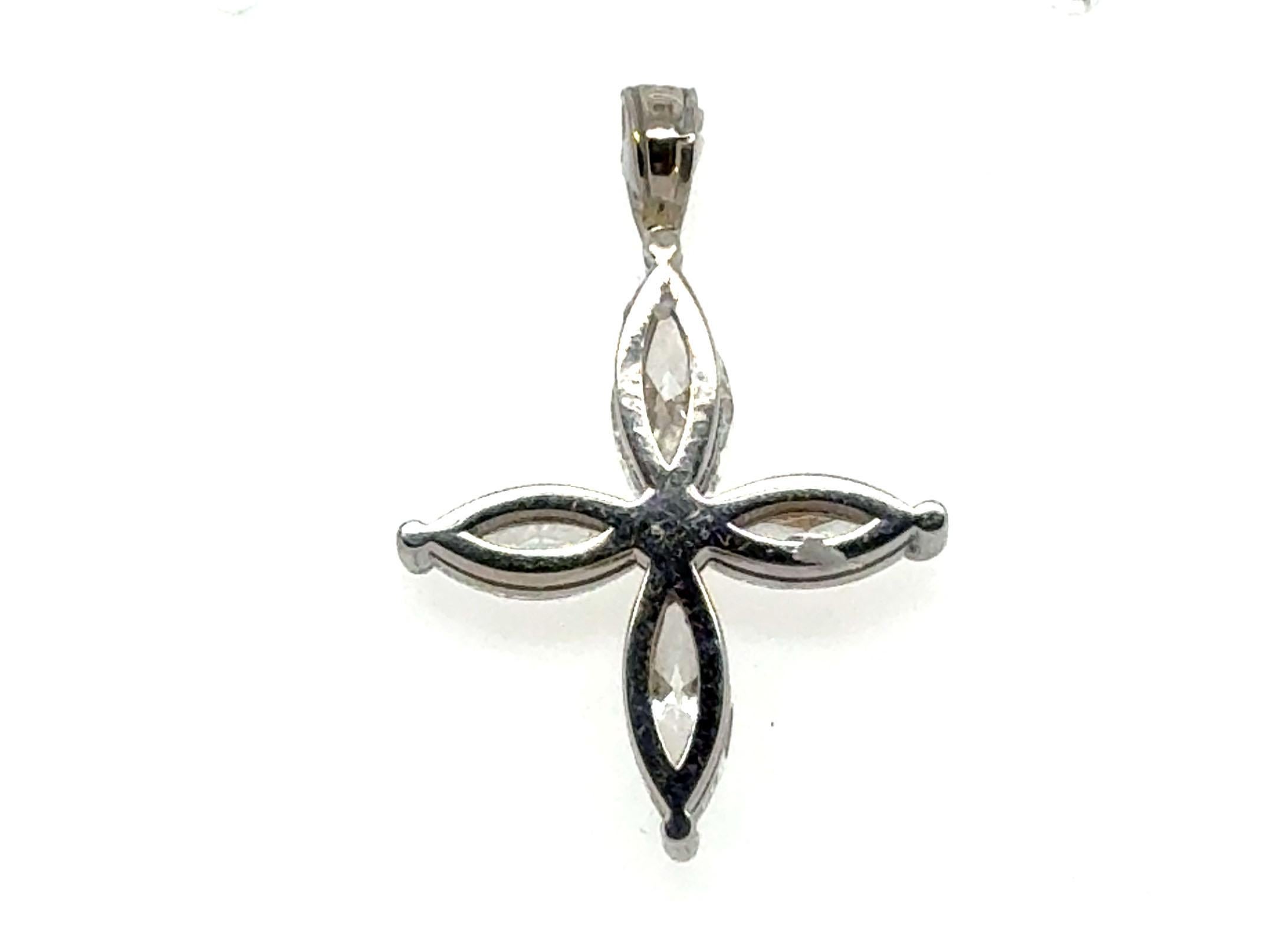 Diamond Marquise Cross Pendant Necklace .93ct 14K White Gold In New Condition For Sale In Dearborn, MI