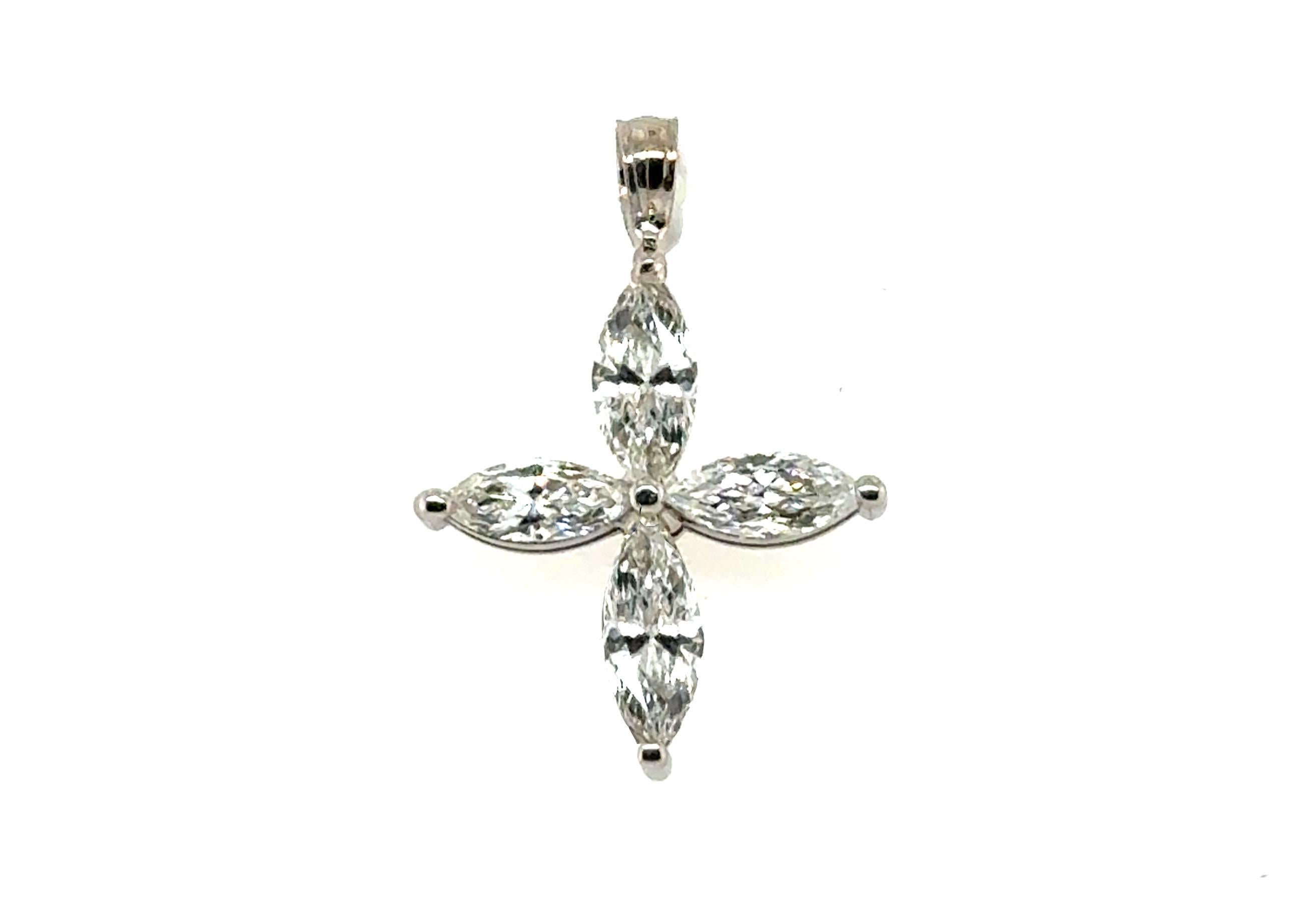Women's Diamond Marquise Cross Pendant Necklace .93ct 14K White Gold For Sale