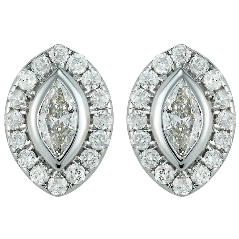 Diamond Marquise Halo Stud Earrings 18 Karat White Gold For Sale at 1stDibs