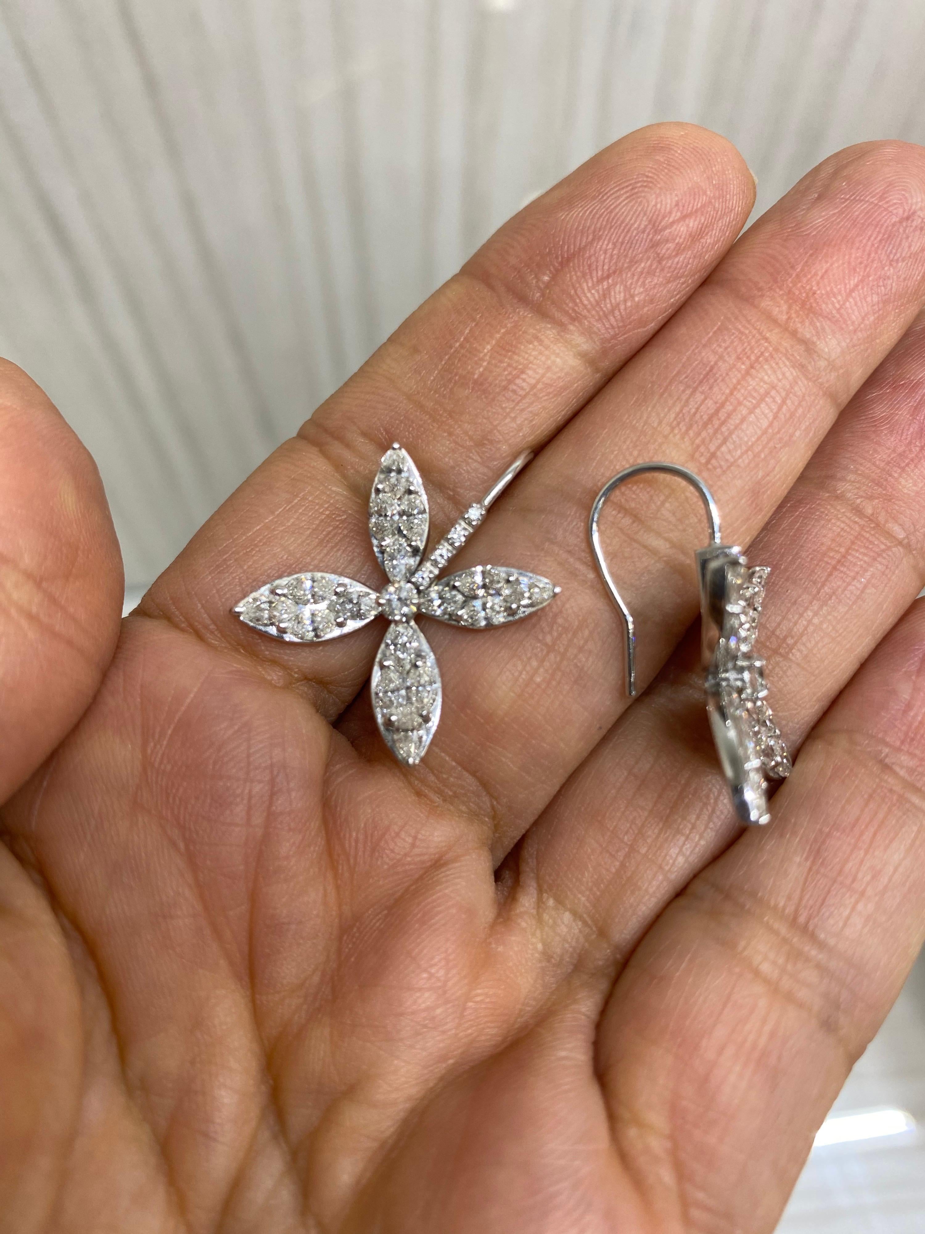 Women's or Men's 18k White Gold Diamond Marquise Petal Drop Earrings