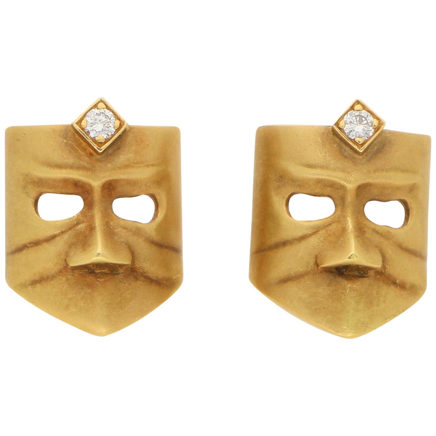 Diamond Masque Stud Earrings in 18 Carat Gold For Sale
