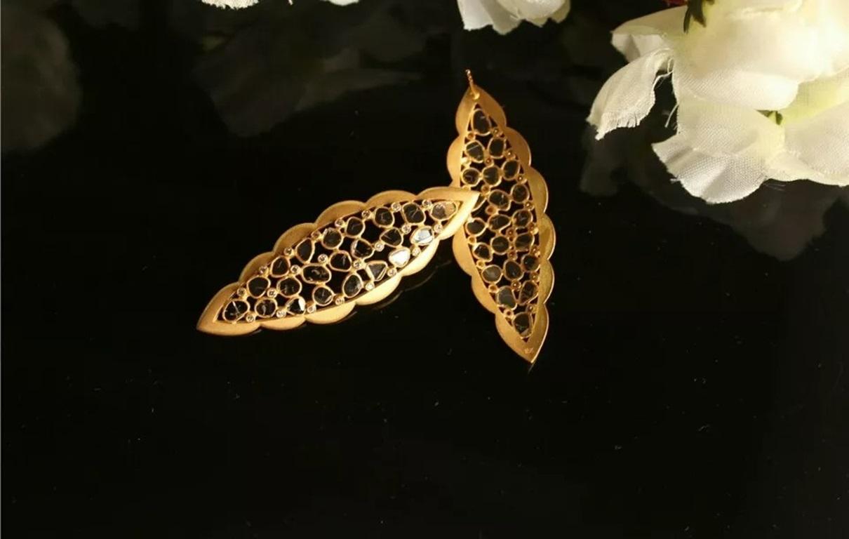 Round Cut Diamond Matte Earring 14k Solid Gold Polki Handmade Earrings For Sale