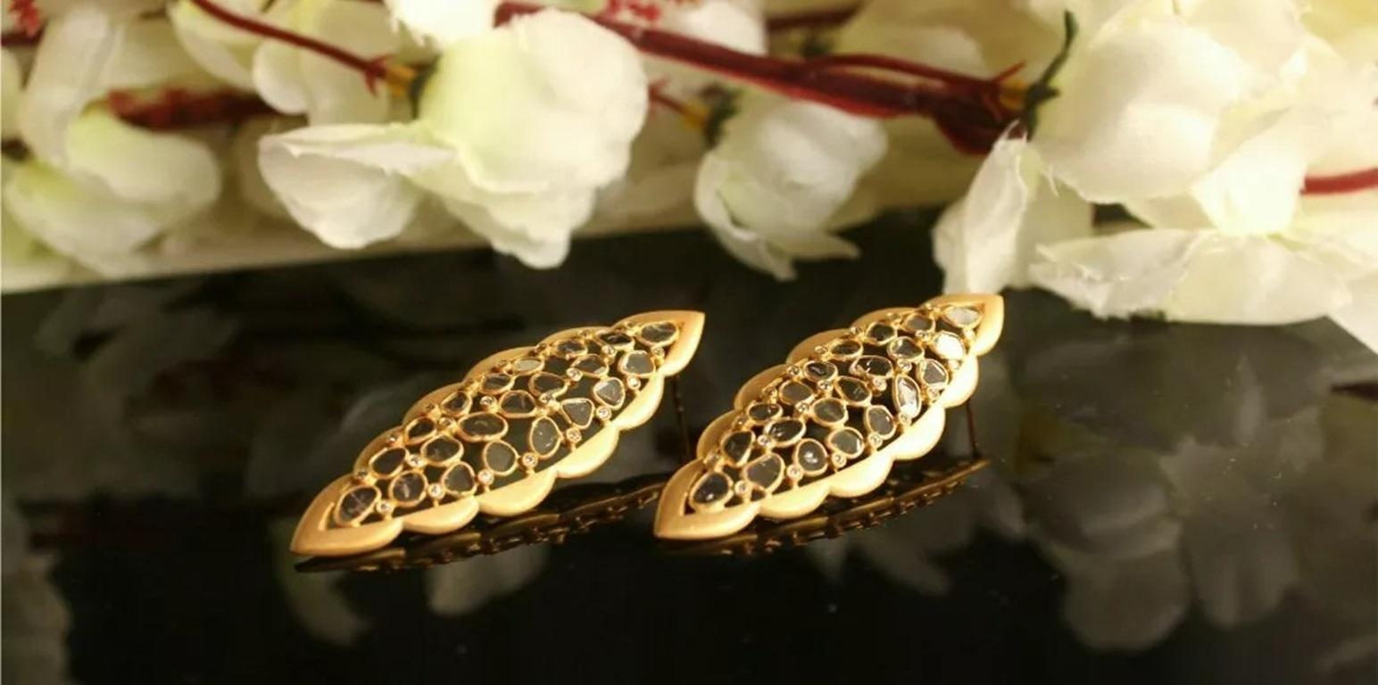 Diamond Matte Earring 14k Solid Gold Polki Handmade Earrings In New Condition For Sale In Chicago, IL