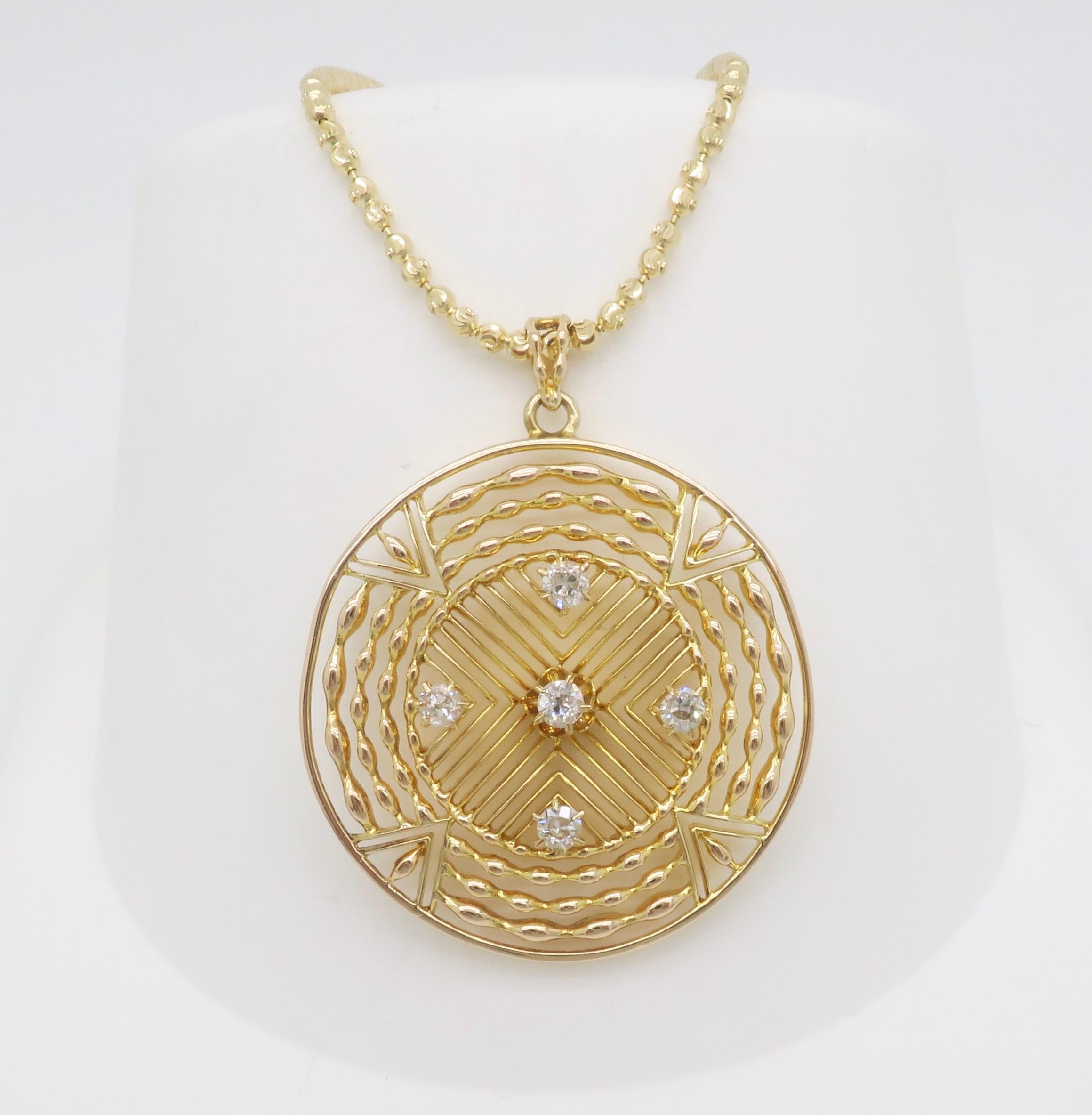 Old Mine Cut Diamond Medallion Pendant Necklace in 14k Yellow Gold For Sale