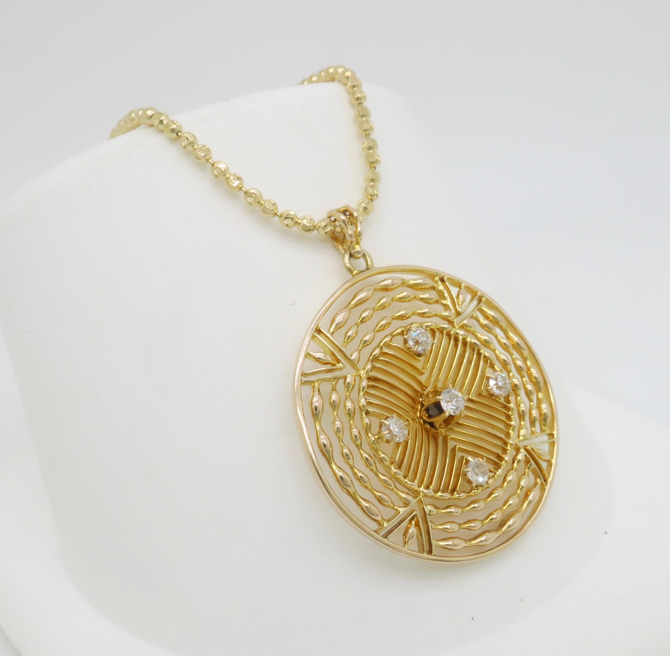 Women's Diamond Medallion Pendant Necklace in 14k Yellow Gold For Sale