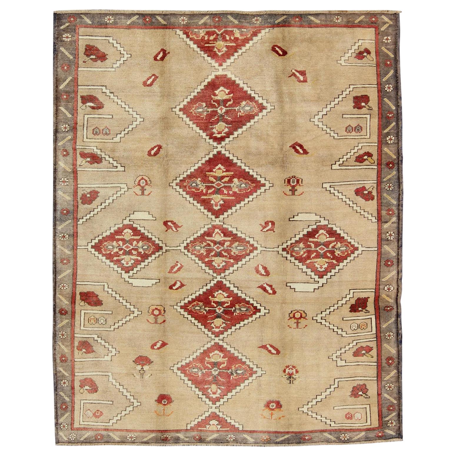 Diamond Medallion Vintage Turkish Oushak Rug in Red, Brown and Cream
