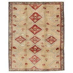 Tapis turc Oushak vintage en rouge, brun et crème avec médaillon en forme de diamant