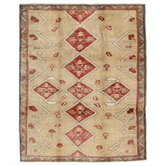 Diamond Medallion Vintage Turkish Oushak Rug in Red, Brown and Cream