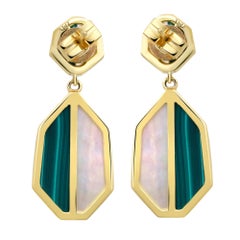 Diamond Melachite & Mother Of Pearl Drop Earrings 14K Yellow Gold 0.25Cttw