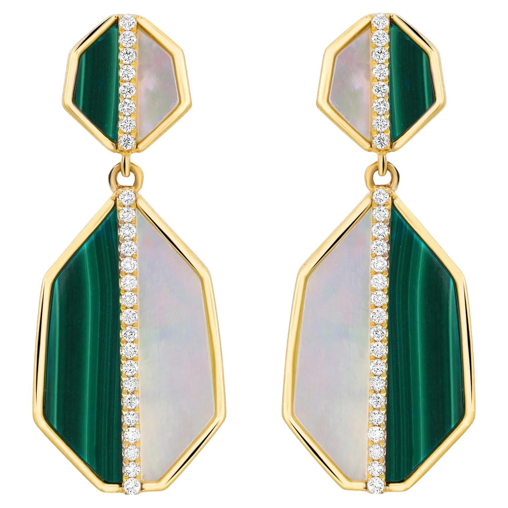 Pendientes de Gota de Diamante Melachita y Madreperla Oro Amarillo de 14K 0.25Cttw