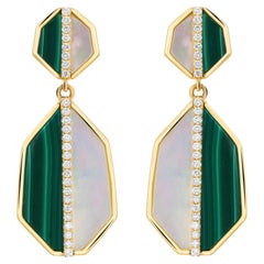 Diamond Melachite & Mother Of Pearl Drop Earrings 14K Yellow Gold 0.25Cttw