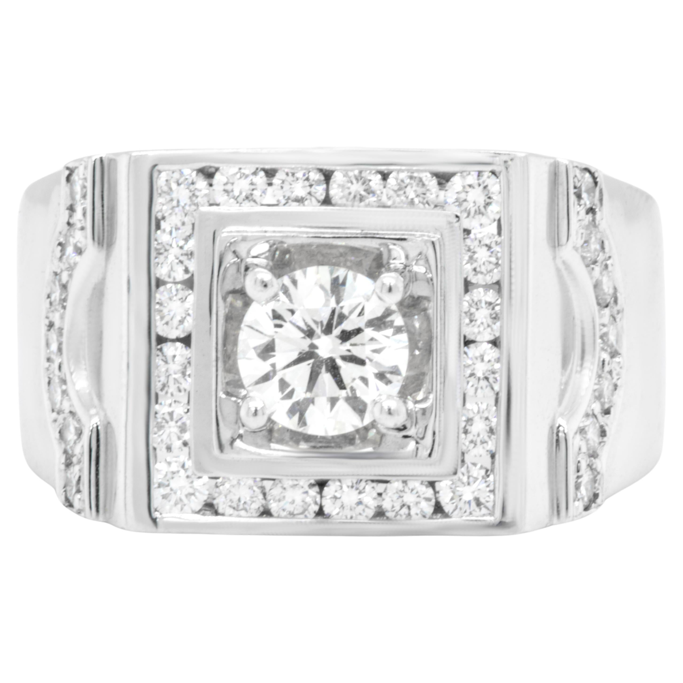 Diamond Men Signet Ring 1.45 Carats 18K White Gold For Sale