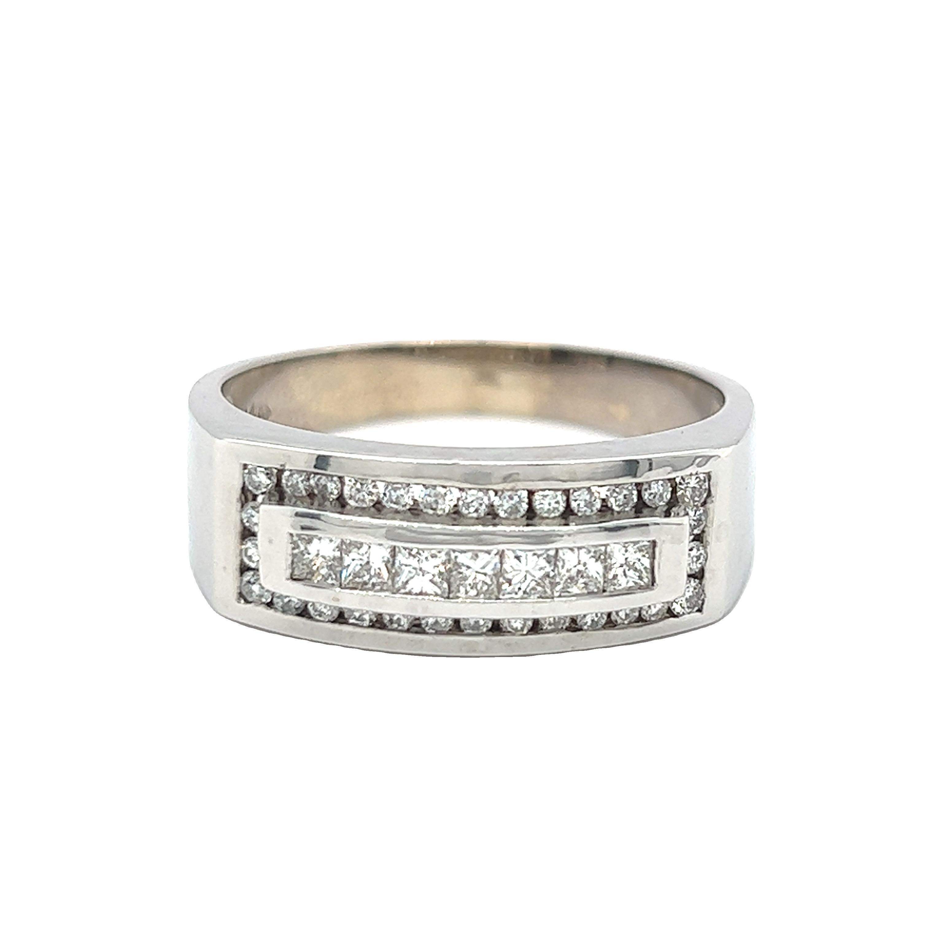 Modern designed men's ring features a straight row princess cut framed with round diamonds. The straight line of its design keeps the ring simple and masculine. The total weight of diamond is approximately 0.90 carat. Crafted in 14k White Gold. The