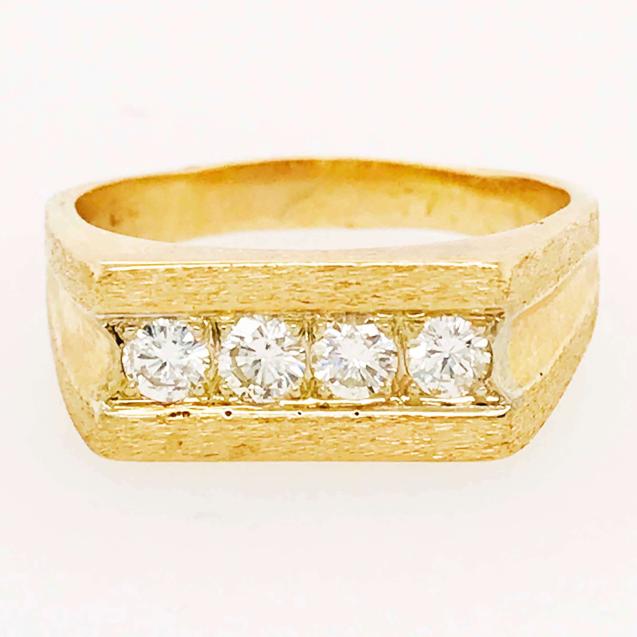 The custom diamond band is a man's wedding band with genuine, natural round brilliant diamonds! The diamonds are bright white and look amazing in the 14 karat yellow gold setting. The top of the ring is a squared-off shape with the round brilliant