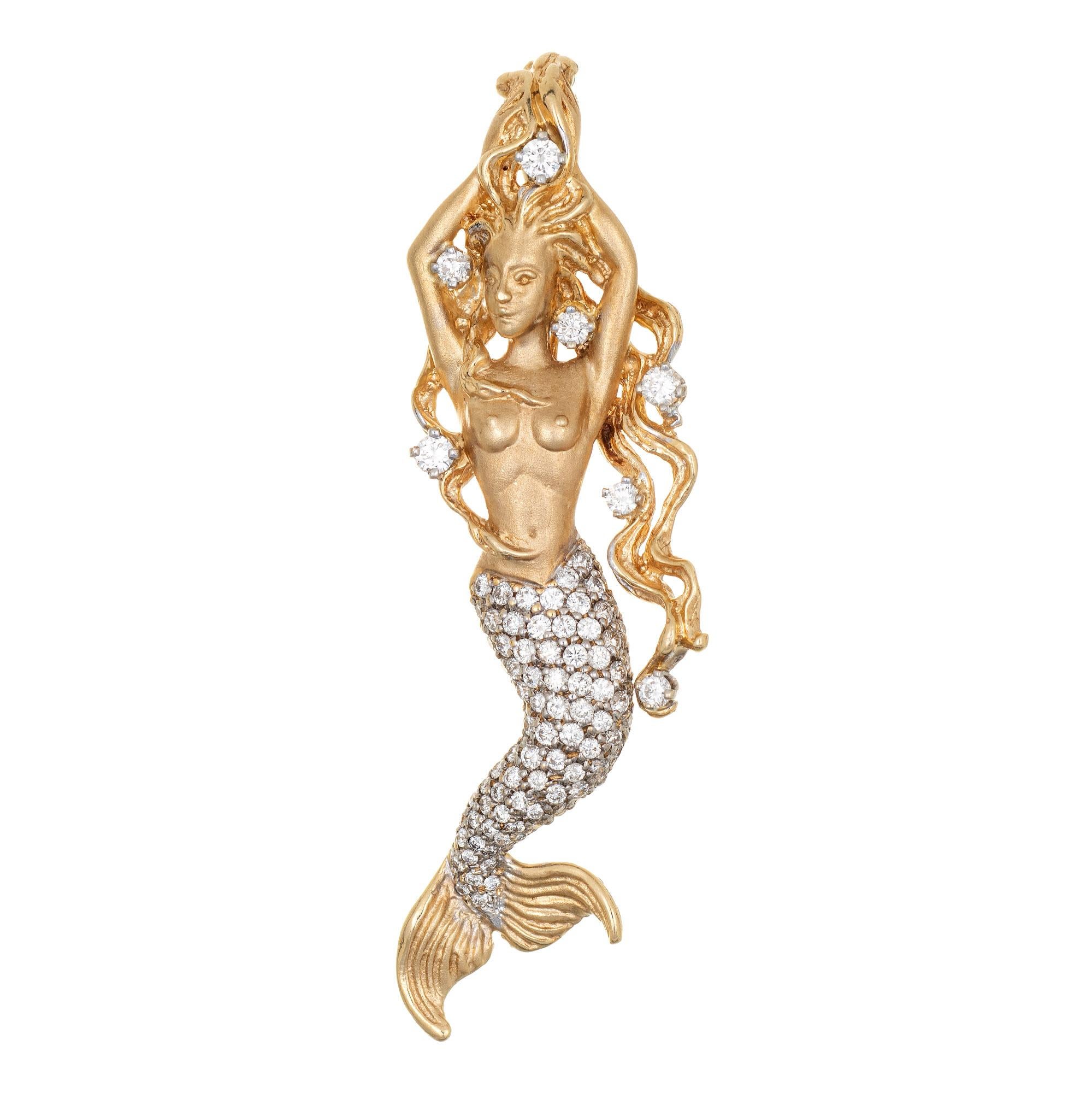 Modern Diamond Mermaid Pendant Estate 14k Yellow Gold Marine Creature Fine Jewelry