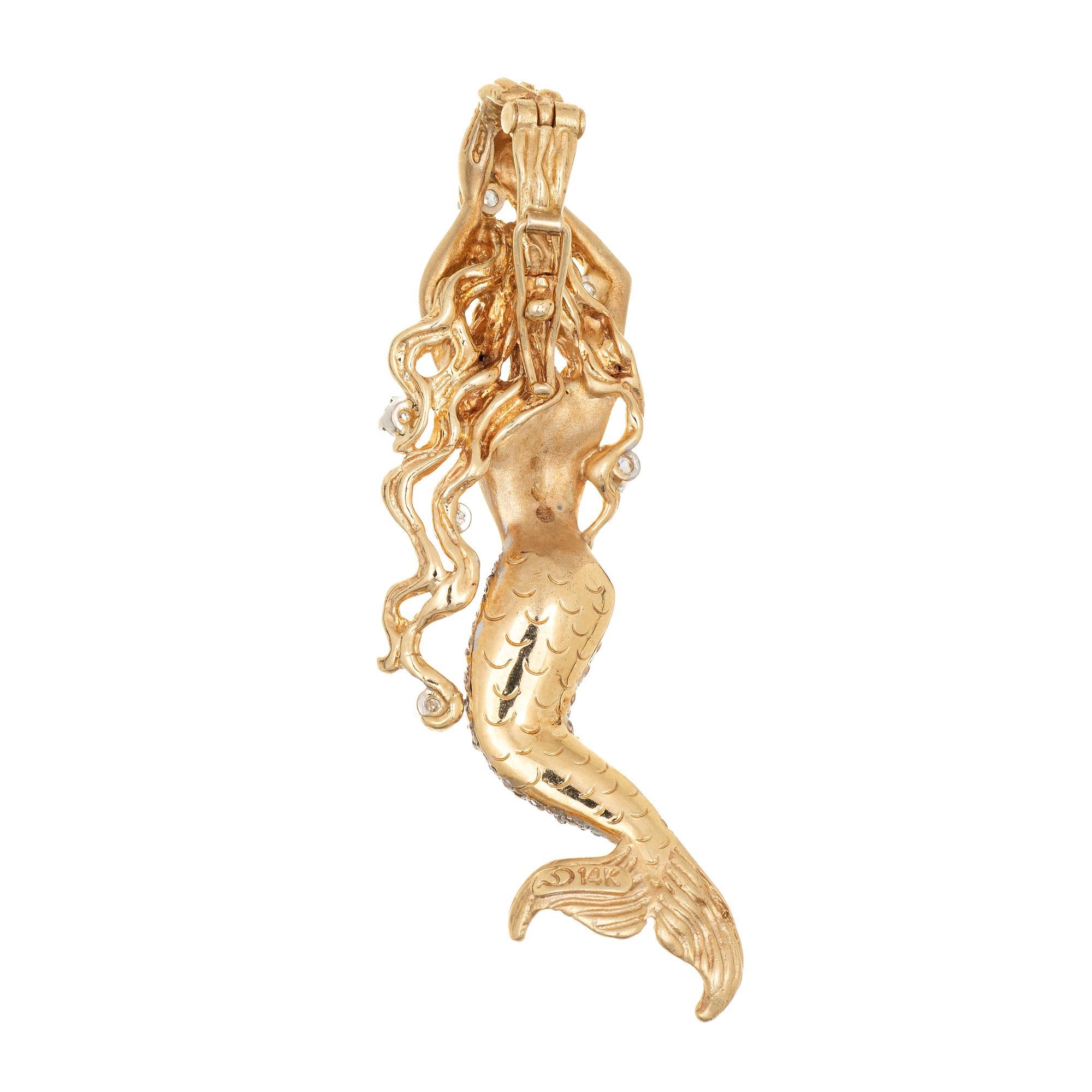 Round Cut Diamond Mermaid Pendant Estate 14k Yellow Gold Marine Creature Fine Jewelry