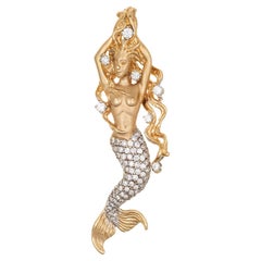 Retro Diamond Mermaid Pendant Estate 14k Yellow Gold Marine Creature Fine Jewelry