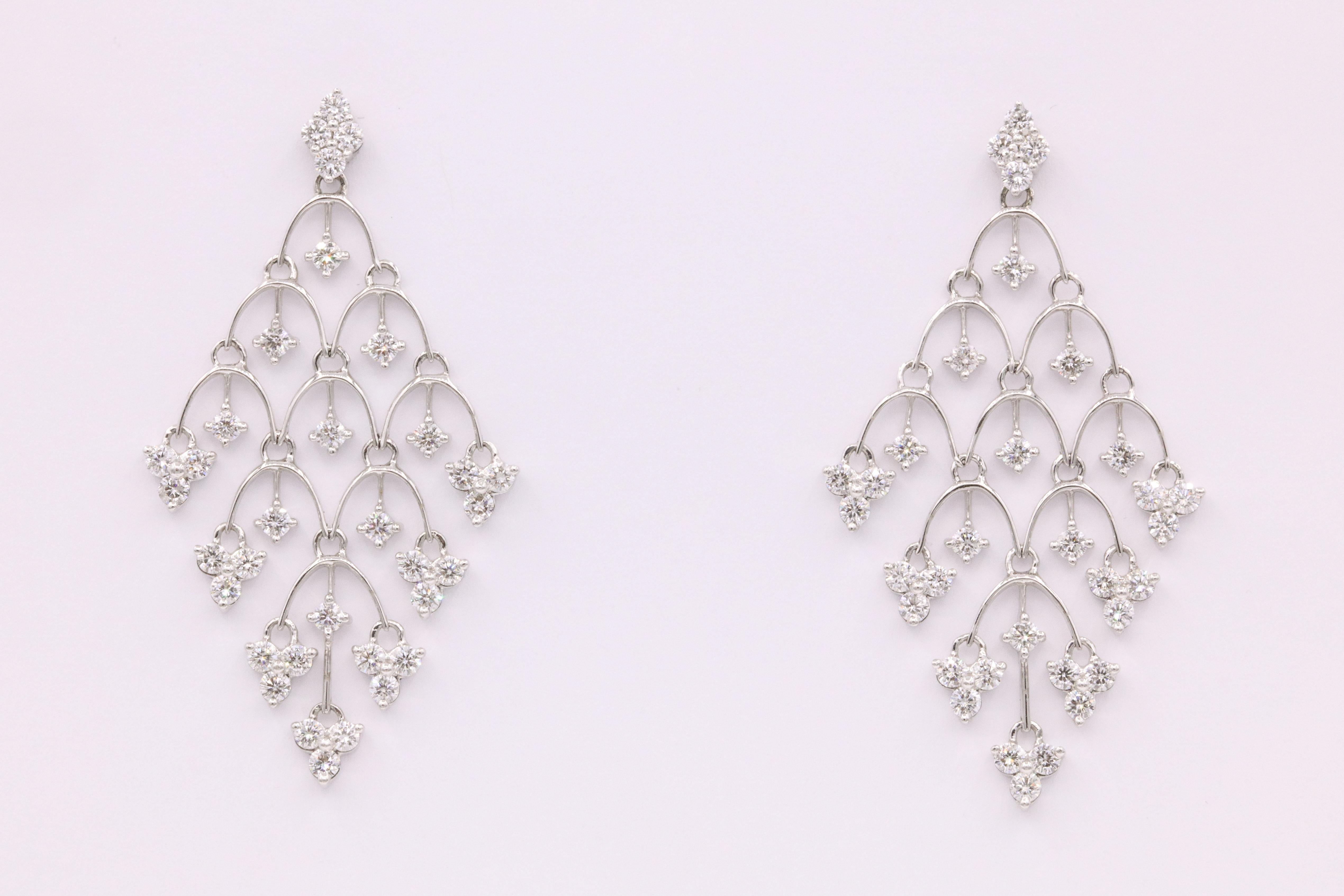 Lovely pair of diamond mesh drop earrings featuring 68 round brilliants weighing 2.17 carats in 18k white gold. 
These earrings are very playful and have great movement.
Color G-H
Clarity VS-SI