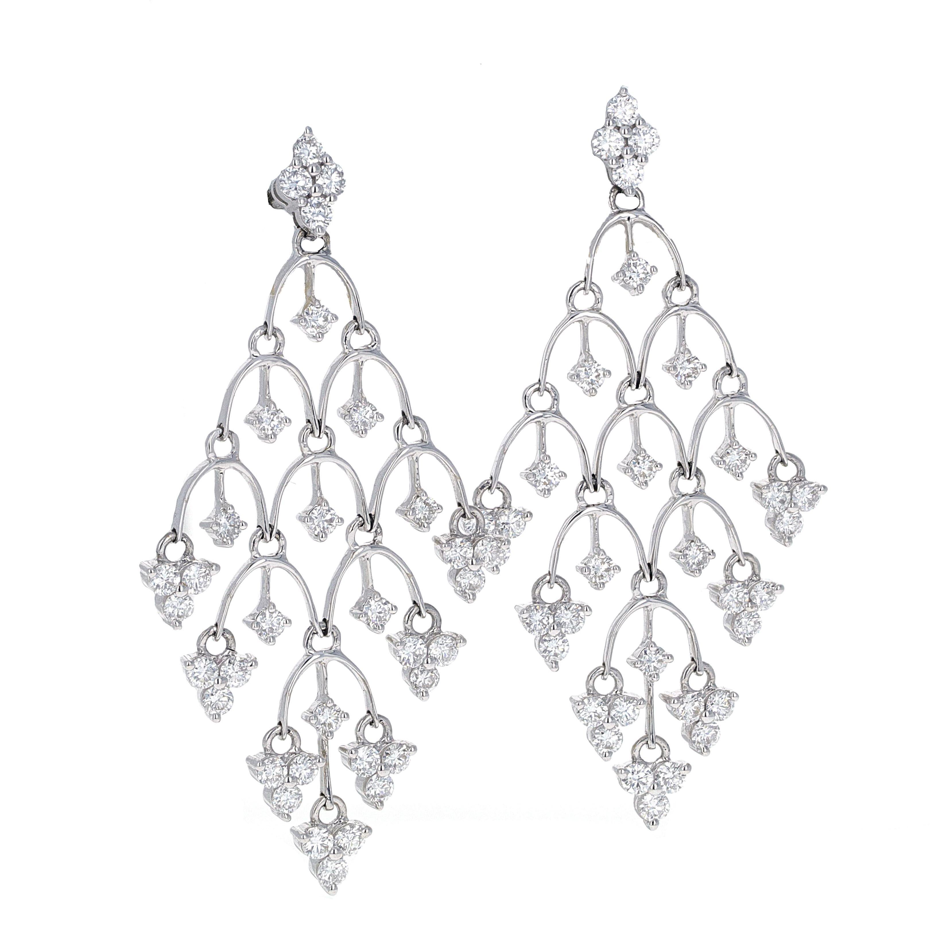 Diamond chandelier mesh drop earrings featuring 68 round brilliant cut diamonds weighing 2.17 carats. The diamonds are G-H color, VS-SI clarity. The earrings have beautiful movement, are made in 18 karat white gold and measure 1 inch wide and 1 7/8